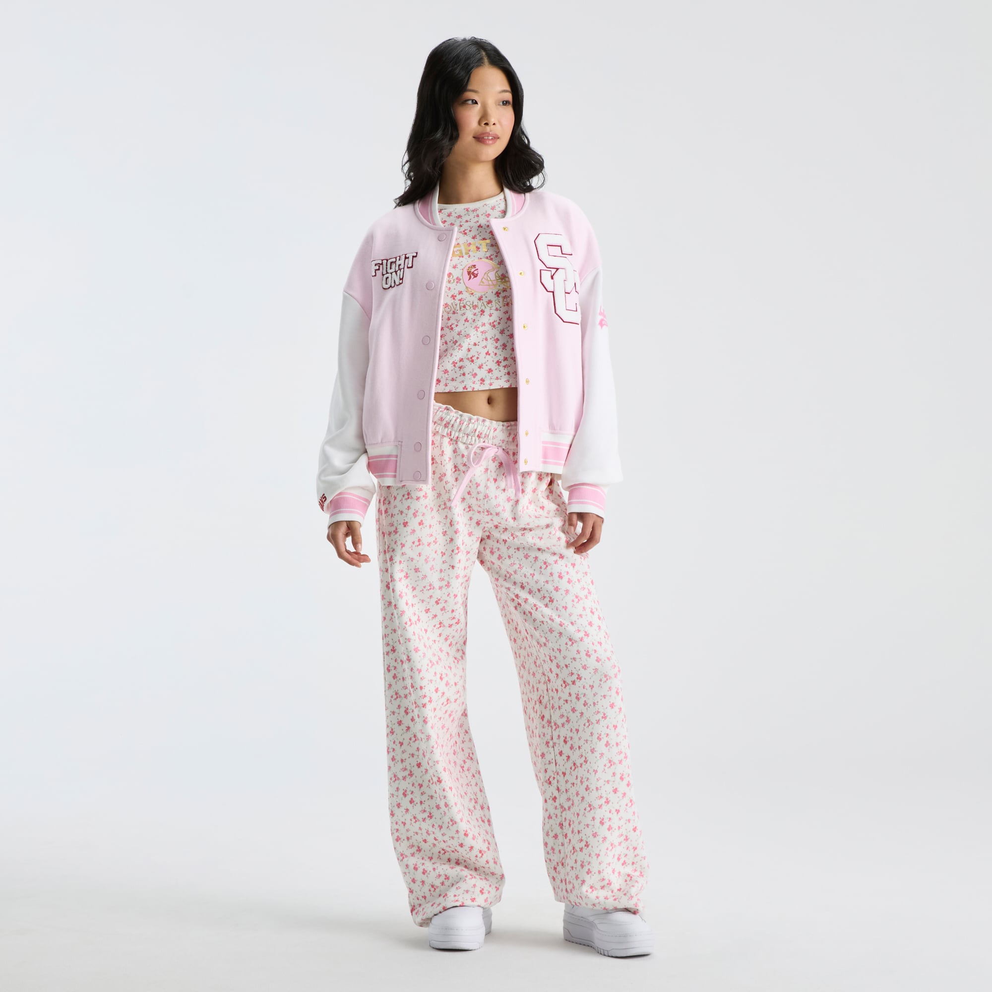 LoveShackFancy Women's Pink USC Trojans Collegiate Varsity Full-Snap Jacket