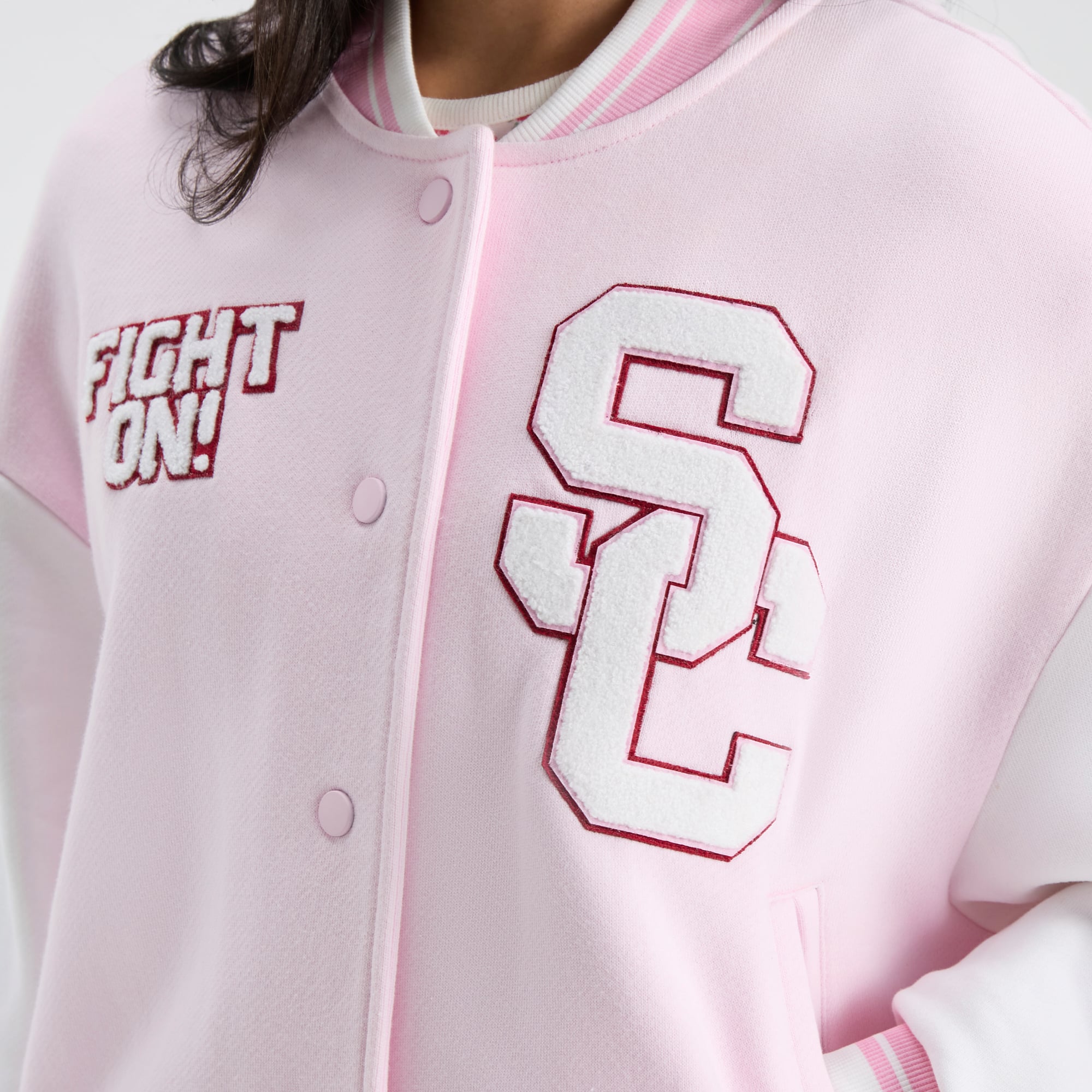 LoveShackFancy Women's Pink USC Trojans Collegiate Varsity Full-Snap Jacket