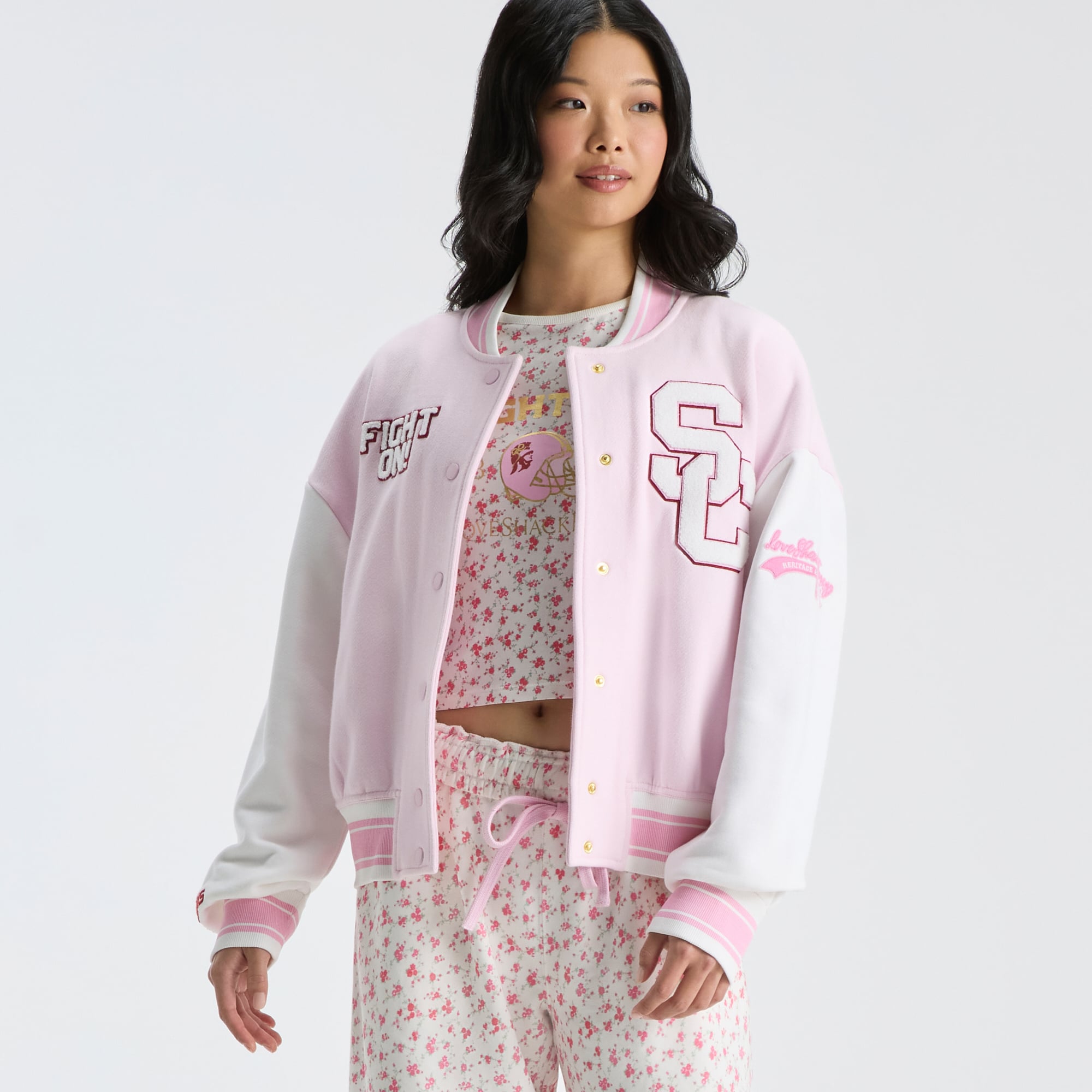 LoveShackFancy Women's Pink USC Trojans Collegiate Varsity Full-Snap Jacket
