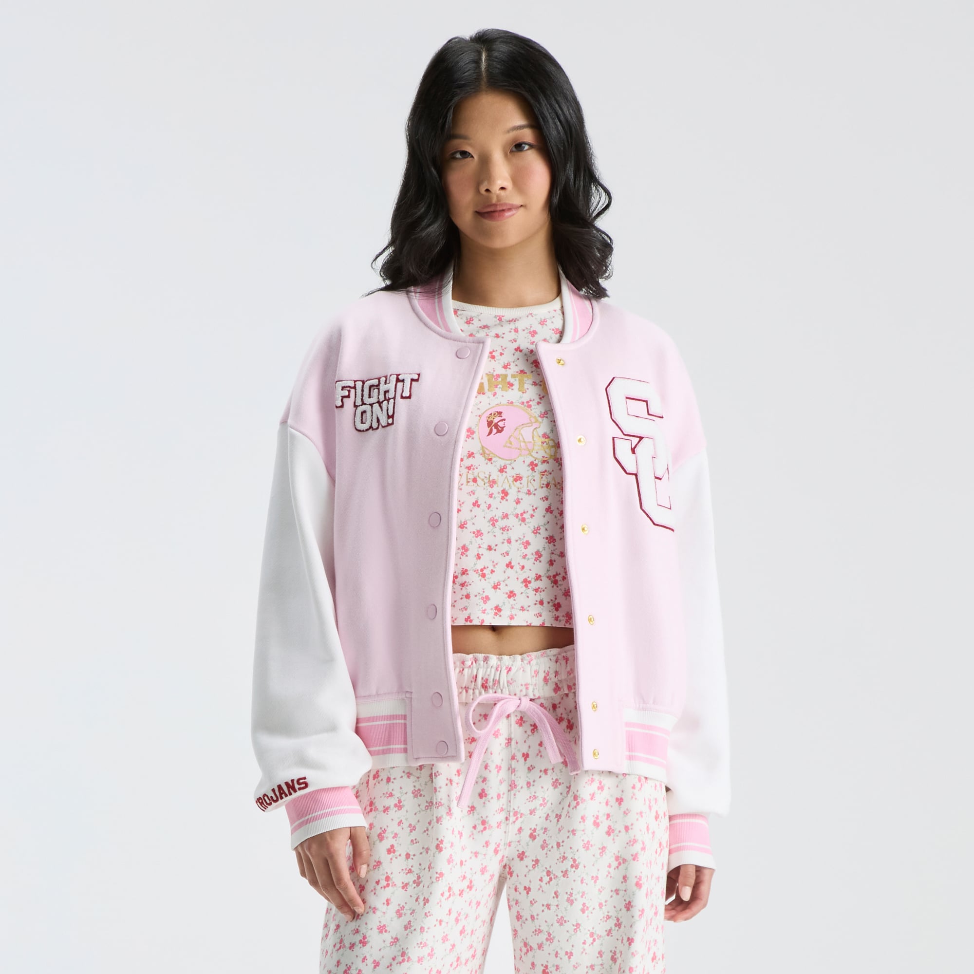 LoveShackFancy Women's Pink USC Trojans Collegiate Varsity Full-Snap Jacket