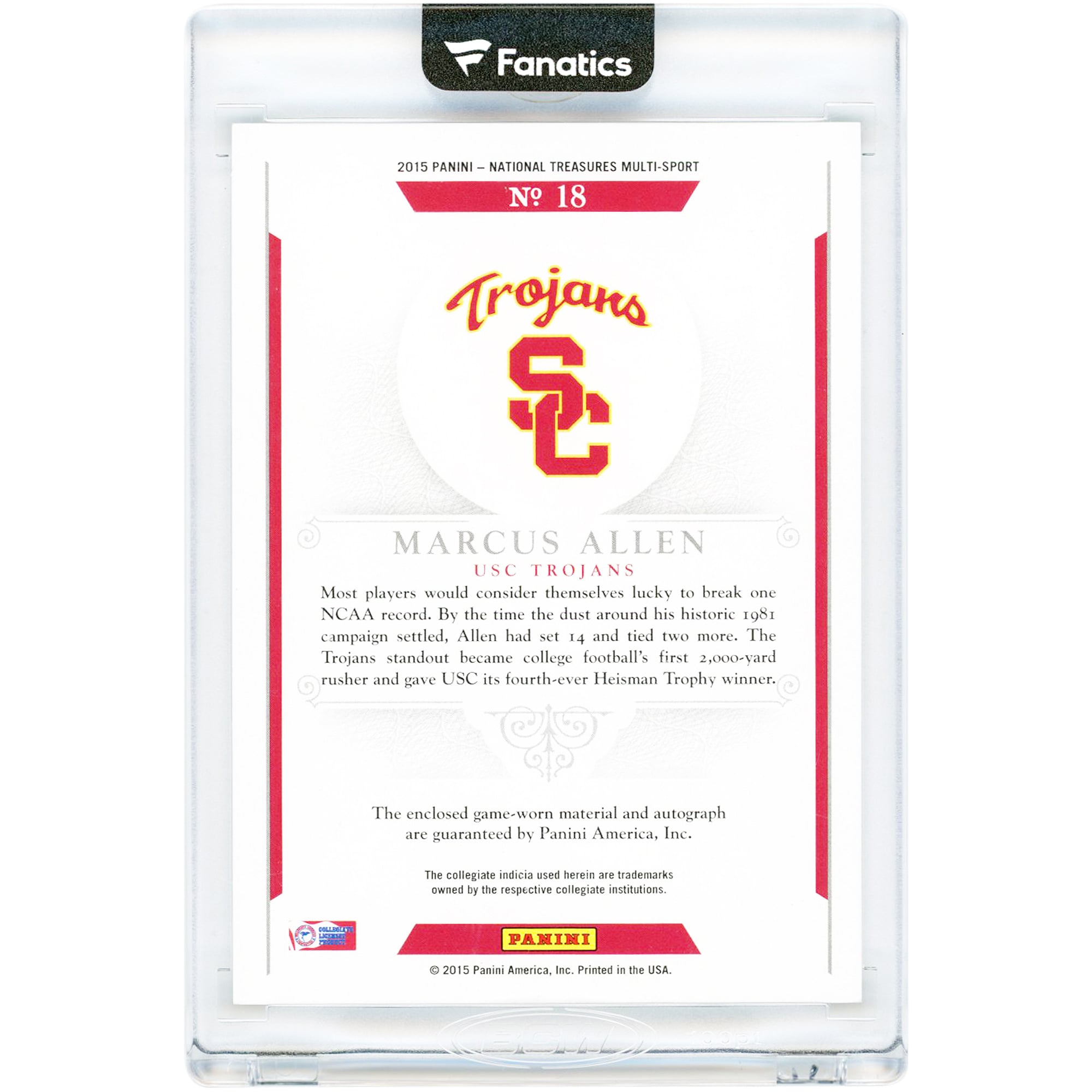 Marcus Allen USC Trojans Autographed 2015 Panini National Treasures Holo Silver Materials Game Used Jersey Relic #18 #23/25 Card