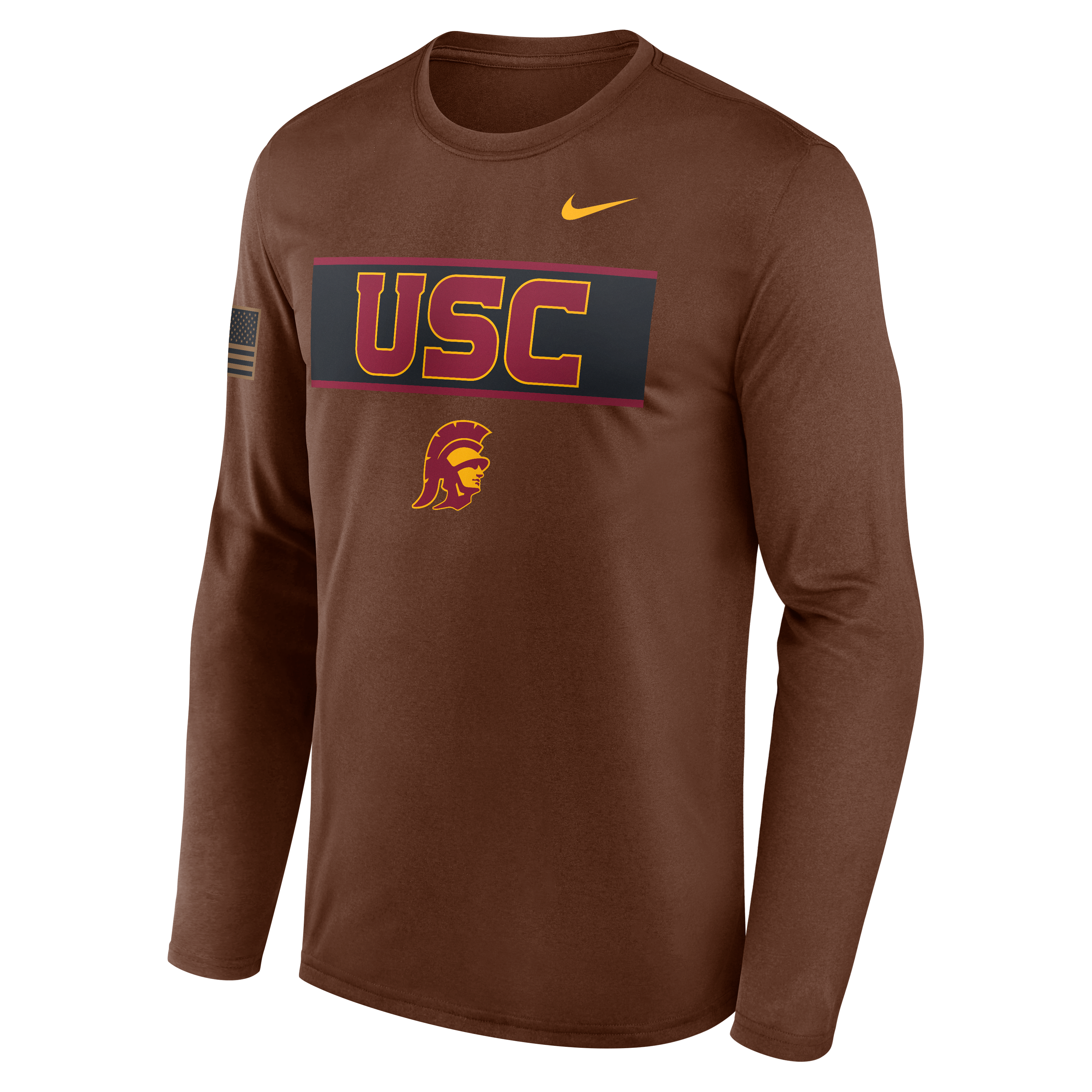 T-shirt à manches longues Nike marron USC Trojans 2026 pour homme, en tissu Dri-FIT, hommage aux militaires