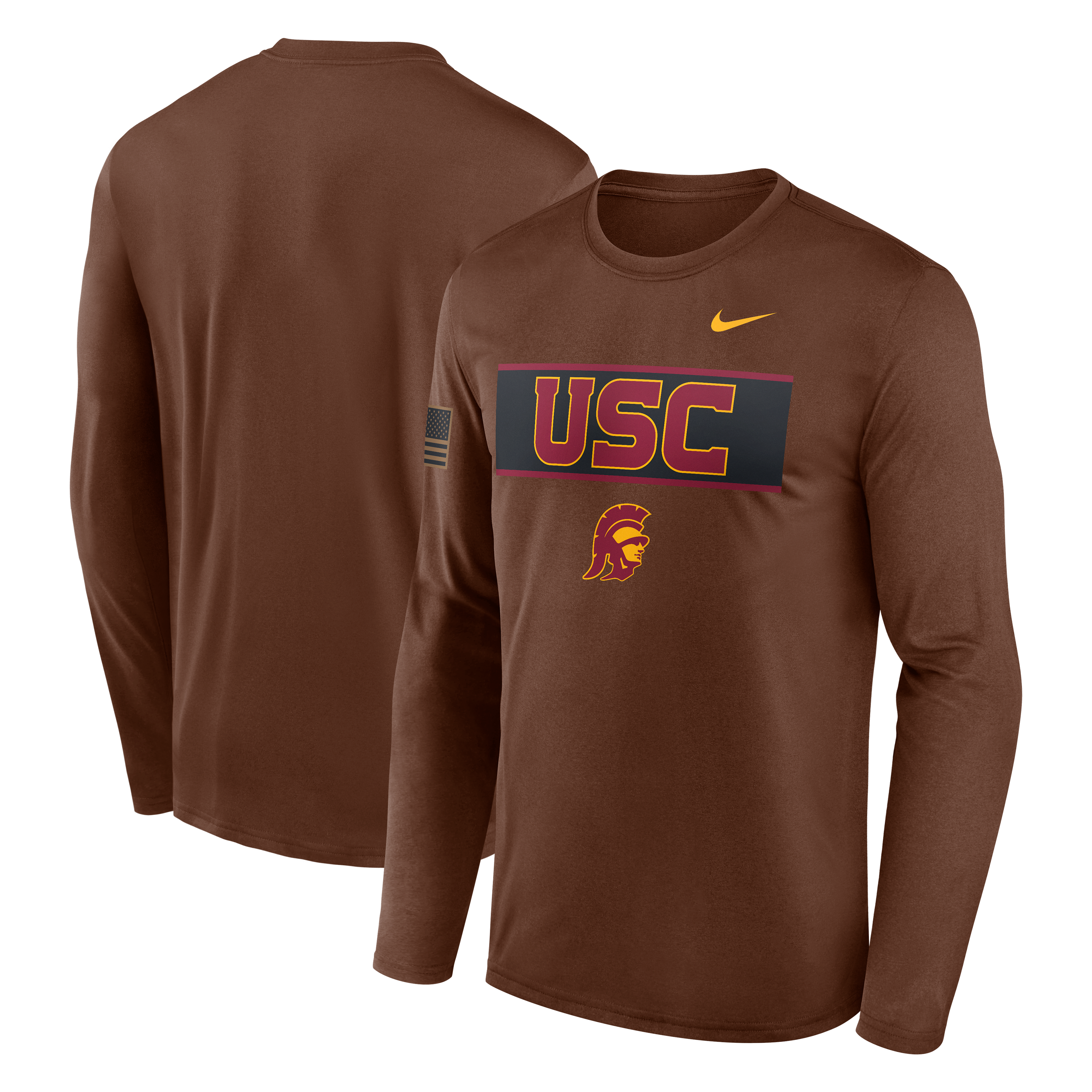 T-shirt à manches longues Nike marron USC Trojans 2026 pour homme, en tissu Dri-FIT, hommage aux militaires