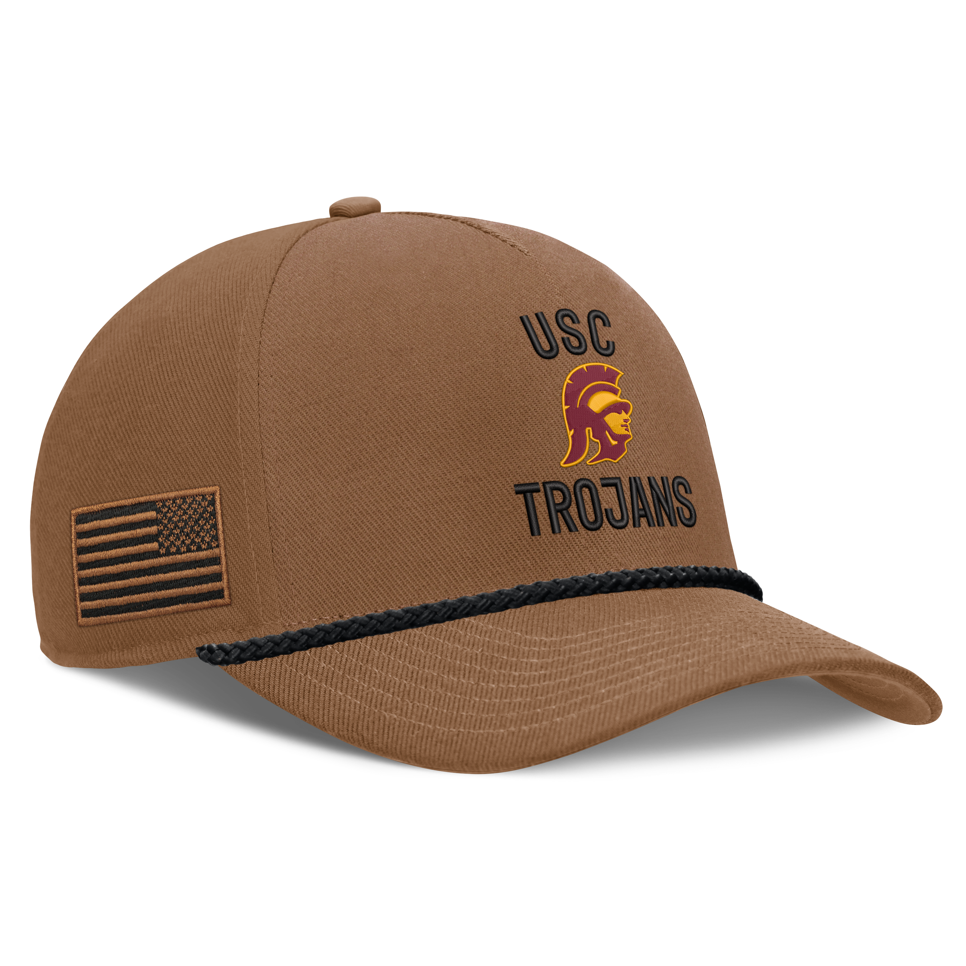 Casquette Nike marron USC Trojans 2026 pour homme, modèle ajustable avec cordon de serrage, en hommage aux militaires.