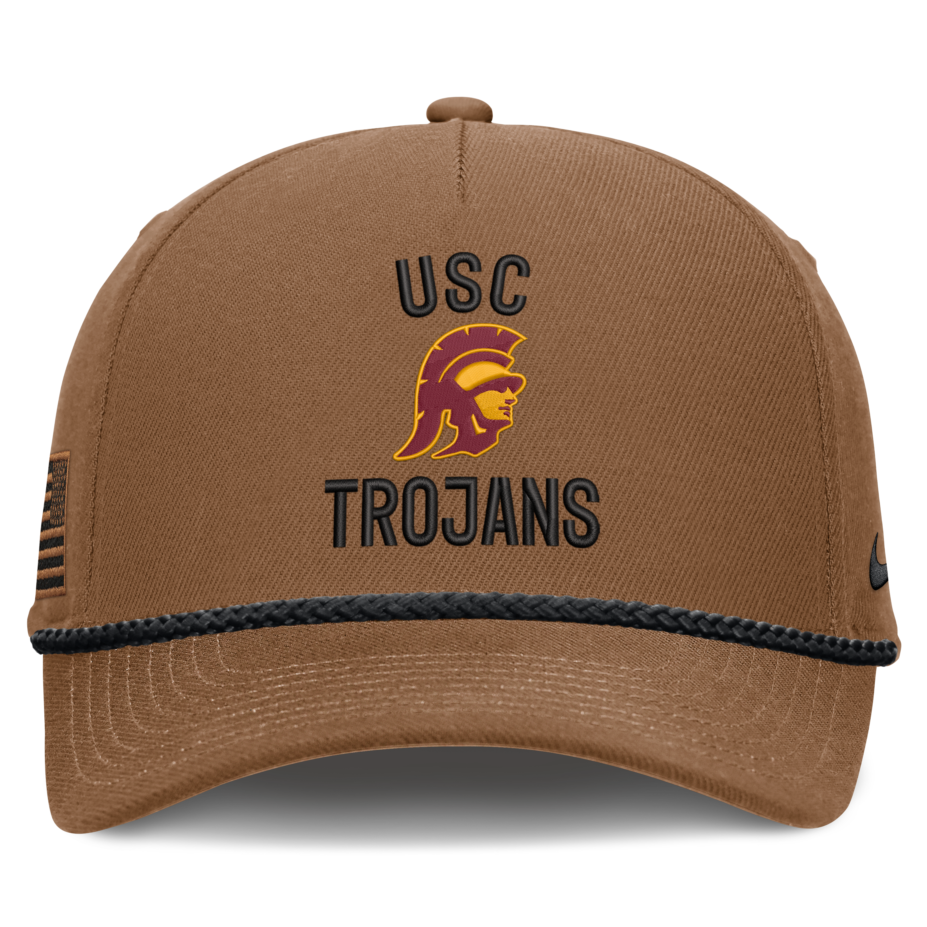 Casquette Nike marron USC Trojans 2026 pour homme, modèle ajustable avec cordon de serrage, en hommage aux militaires.