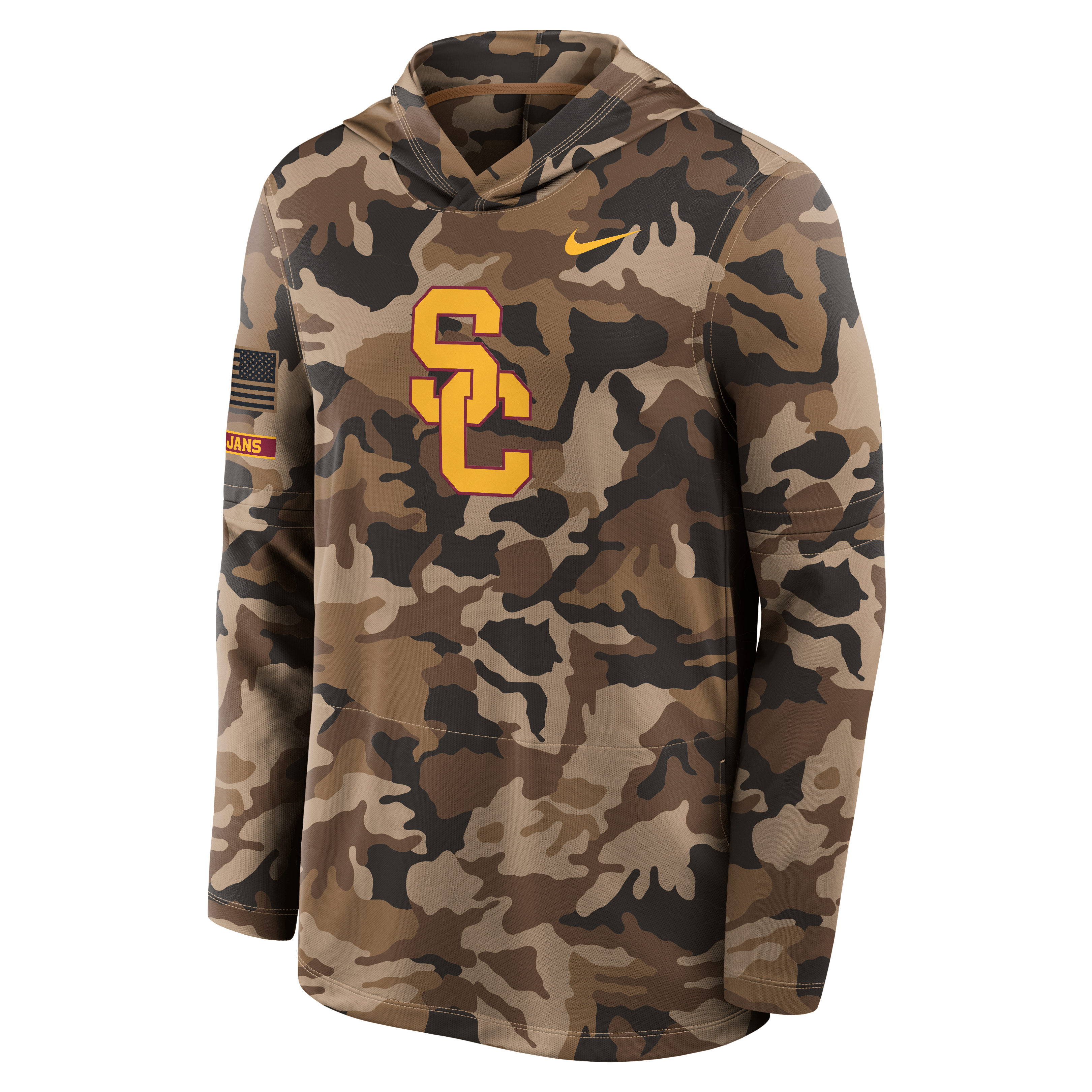 T-shirt à manches longues et capuche Nike Camo USC Trojans 2026 pour homme, en hommage aux militaires, technologie Dri-FIT.