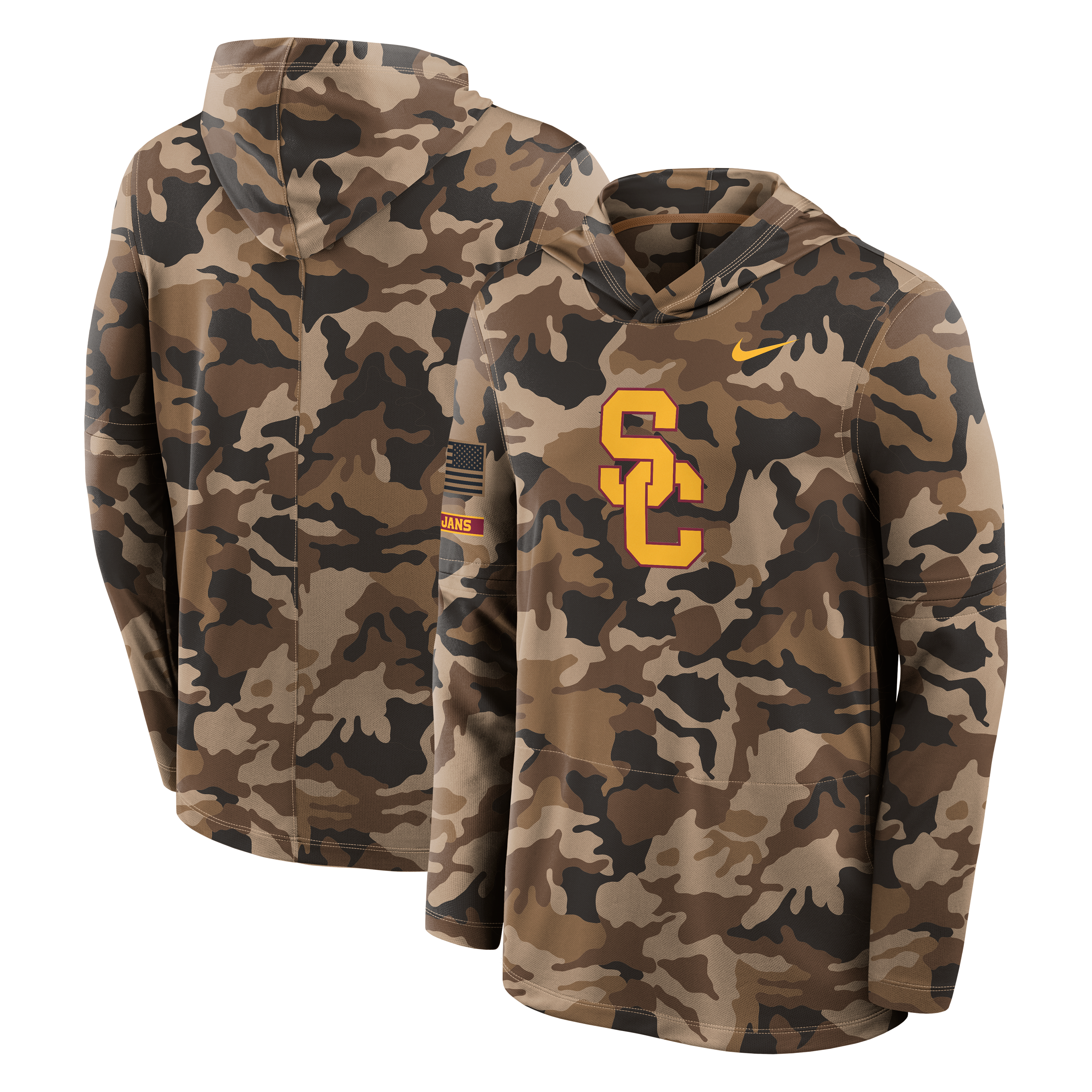 T-shirt à manches longues et capuche Nike Camo USC Trojans 2026 pour homme, en hommage aux militaires, technologie Dri-FIT.