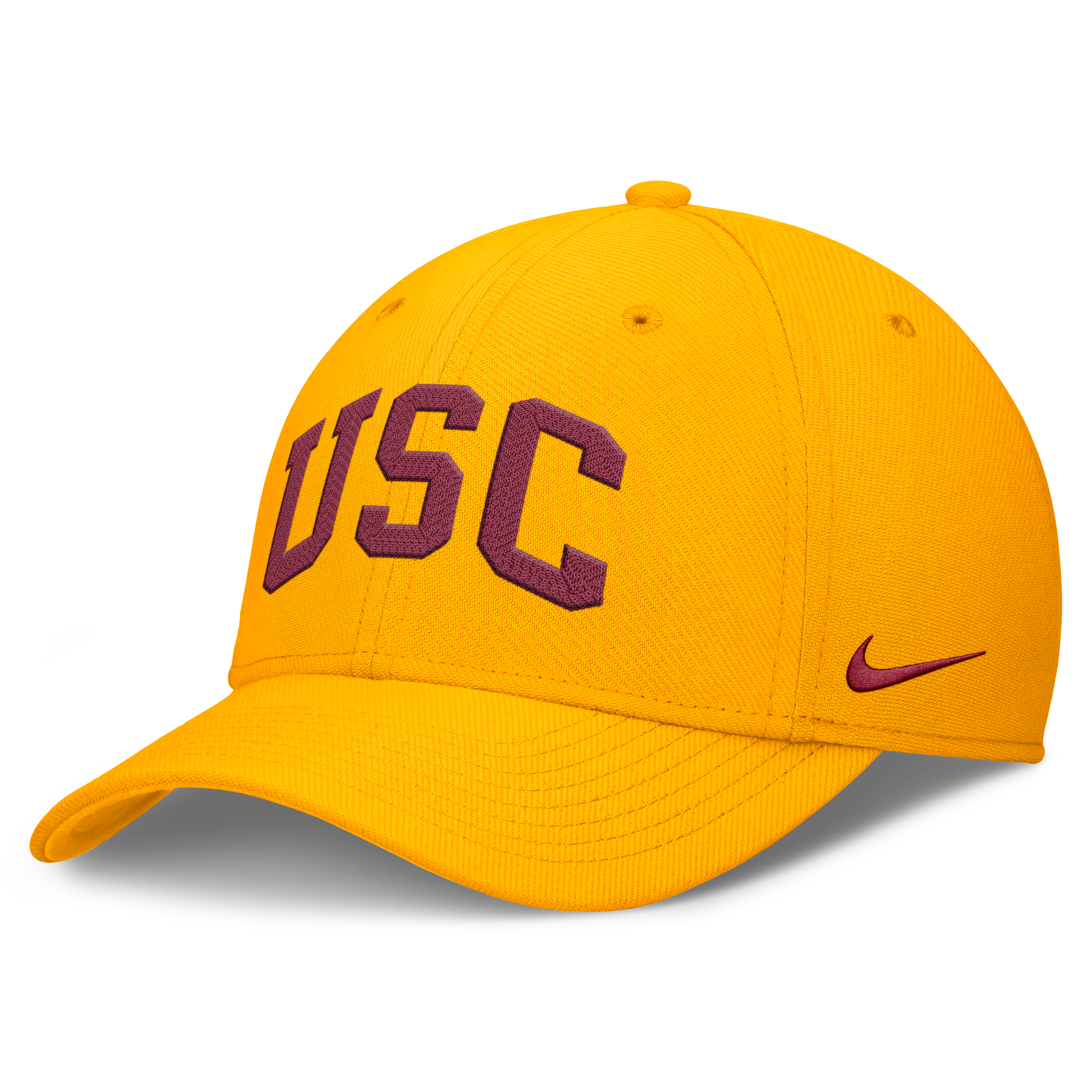 Casquette Nike USC Trojans dorée pour homme, logo Swoosh et technologie Dri-FIT.