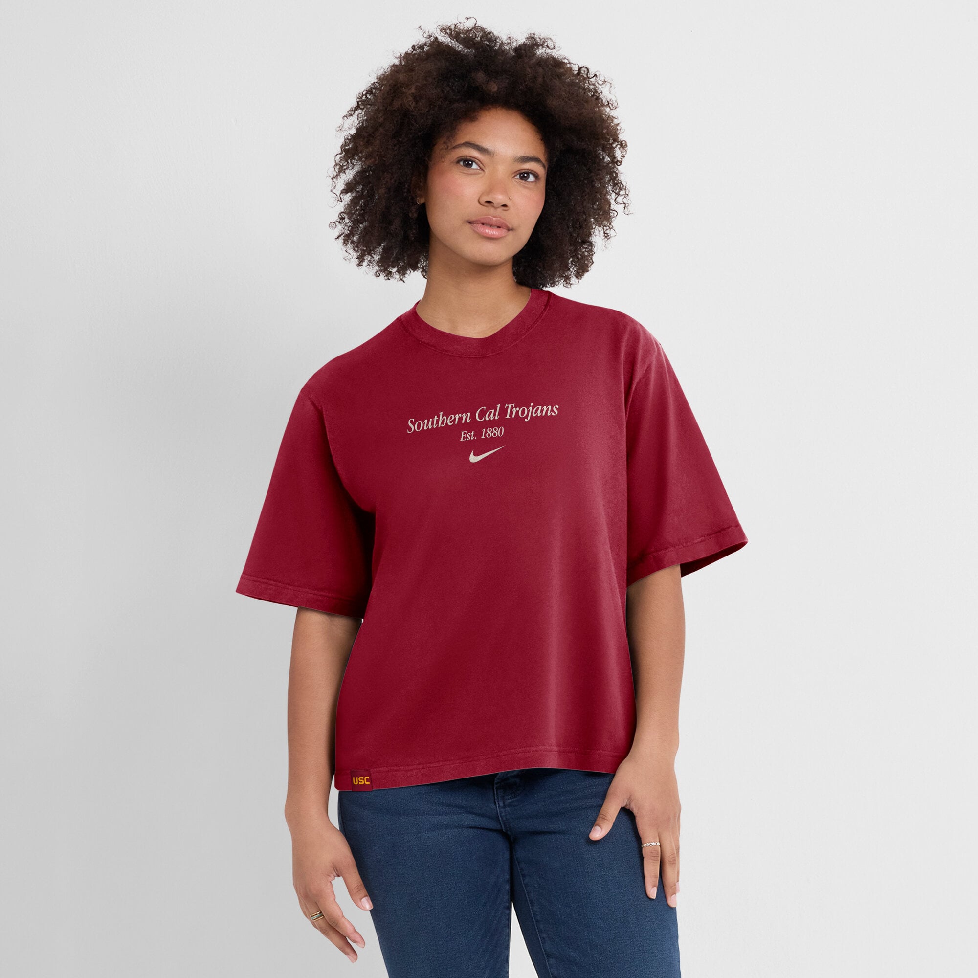 T-shirt Nike Cardinal USC Trojans pour femme, coupe carrée.