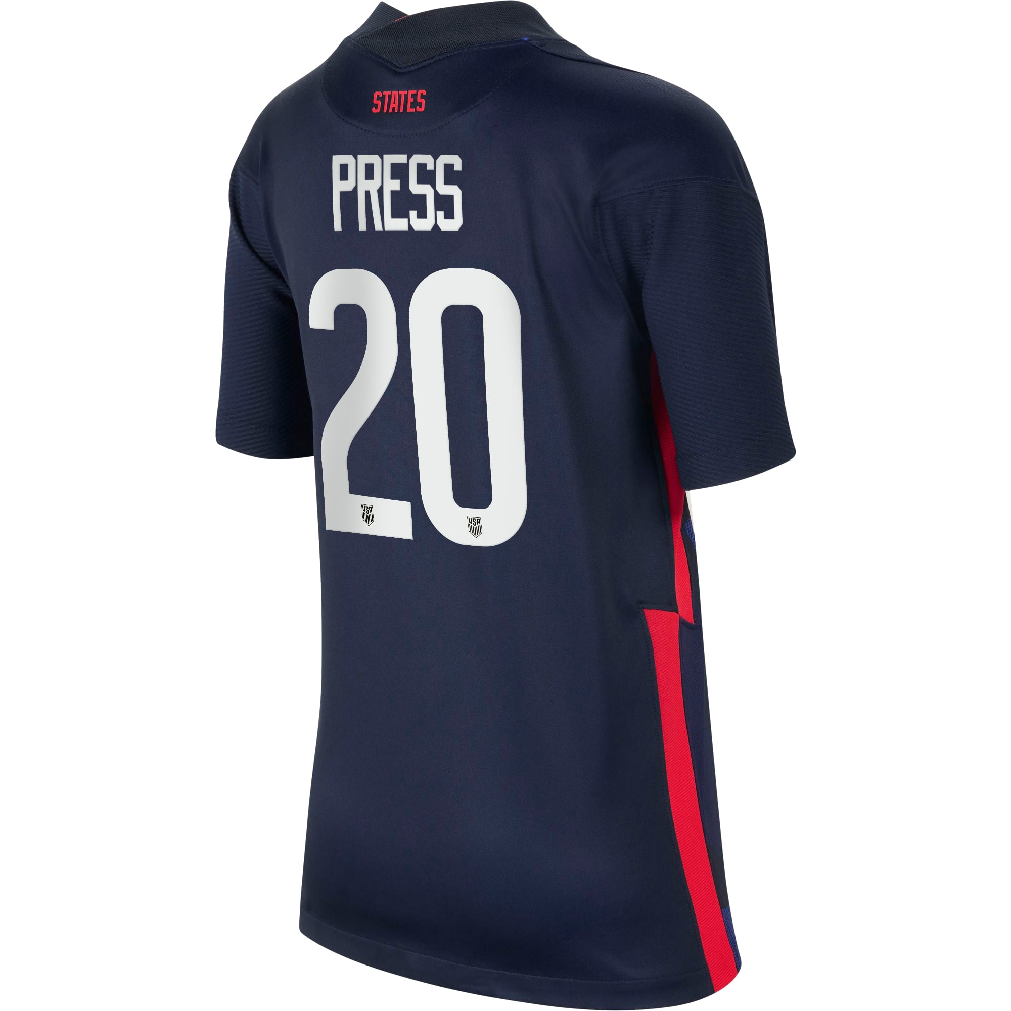 Youth Nike Christen Press Navy USWNT 2020 Away Breathe Stadium