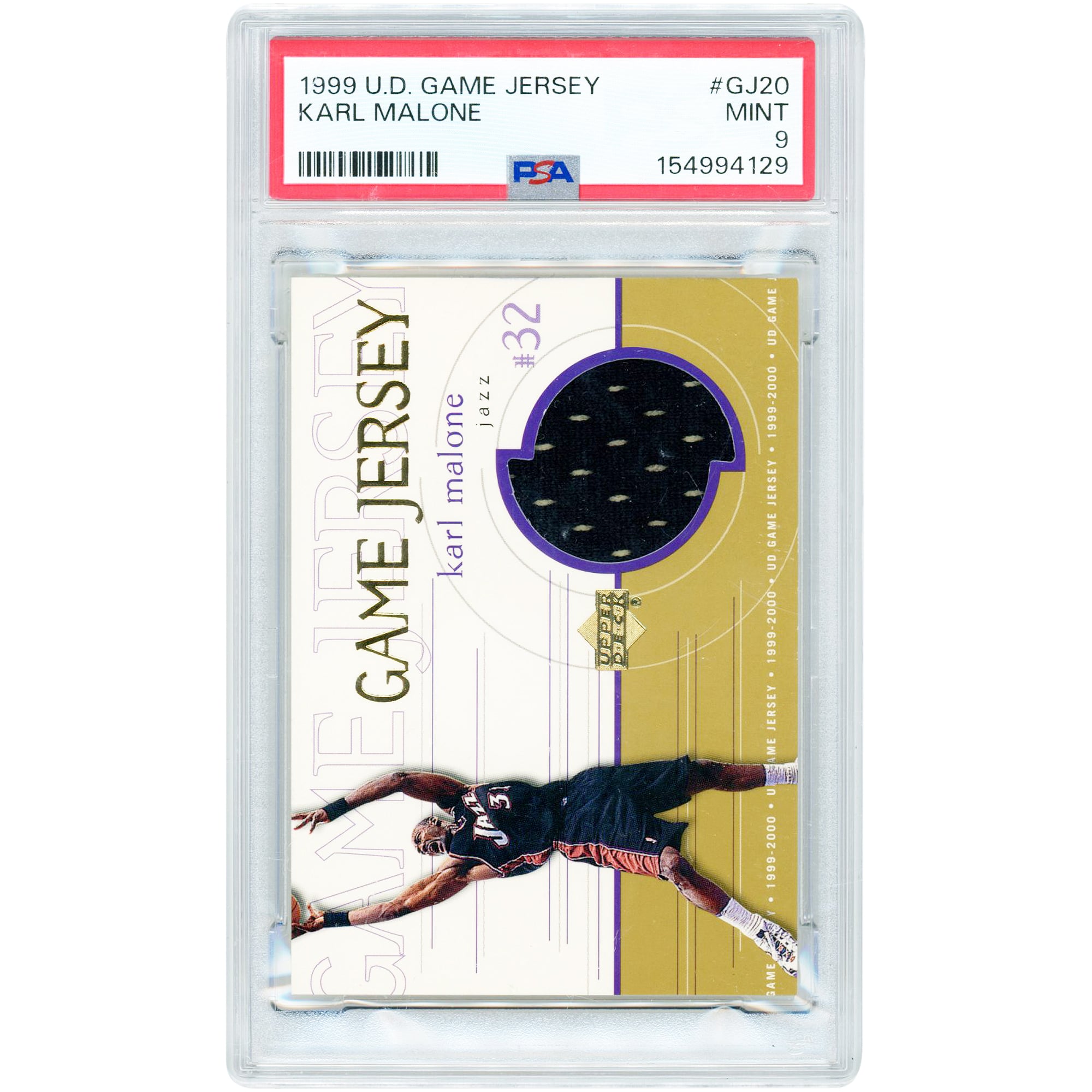 Karl Malone Utah Jazz 1999-2000 Upper Deck Game Used Jersey Relic #GJ20 PSA Authenticated 9 Card