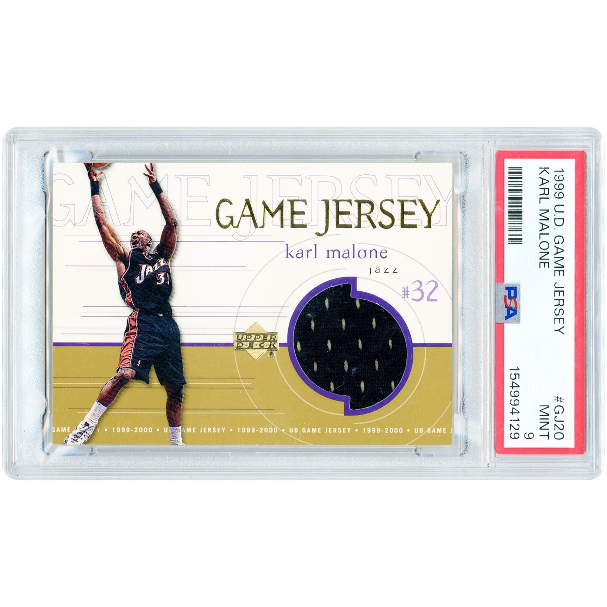 Karl Malone Utah Jazz 1999-2000 Upper Deck Game Used Jersey Relic #GJ20 PSA Authenticated 9 Card