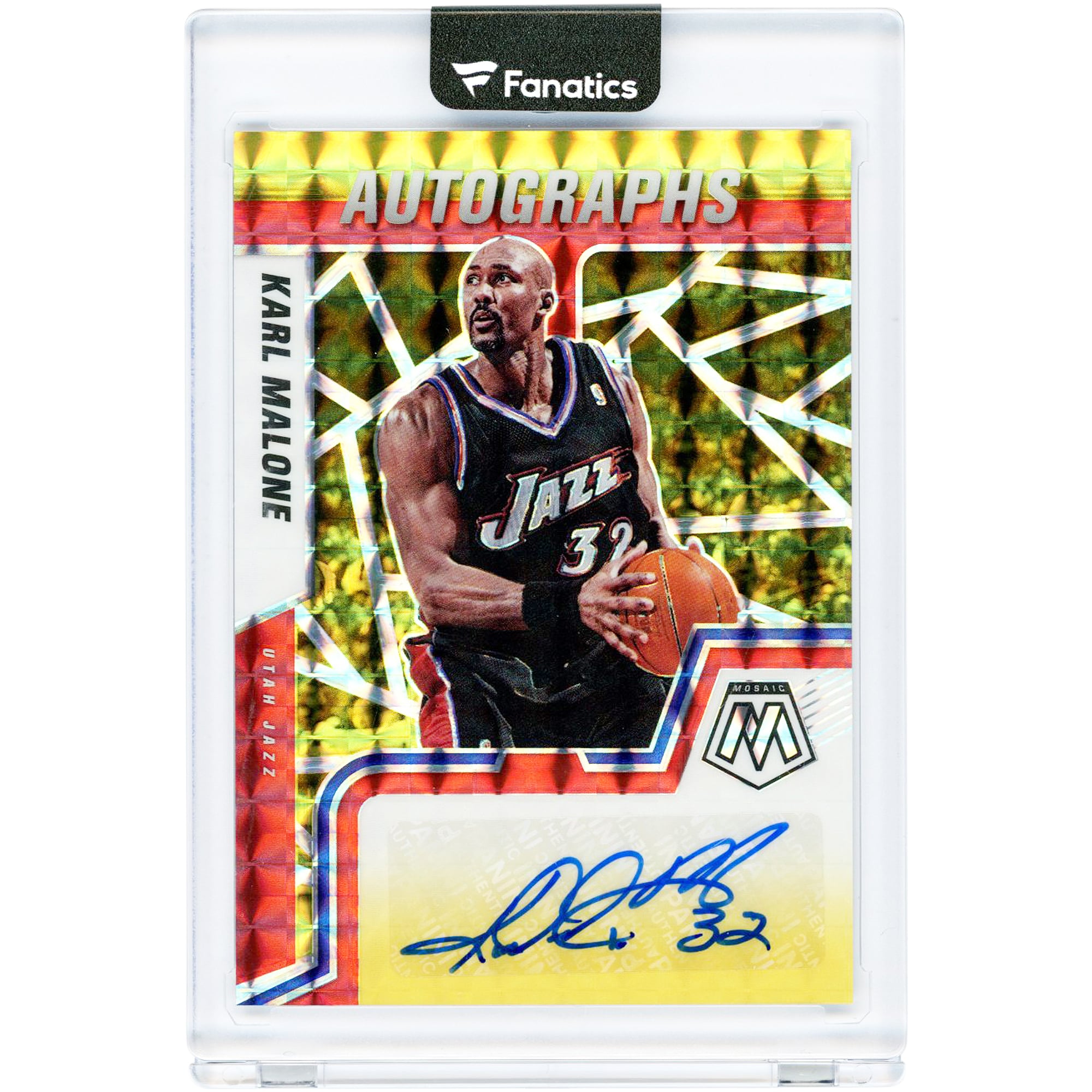 Carte autographiée de Karl Malone (Utah Jazz) 2021-22 Panini Mosaic Rouge et Jaune Fusion Choice Prizm #AM-KML