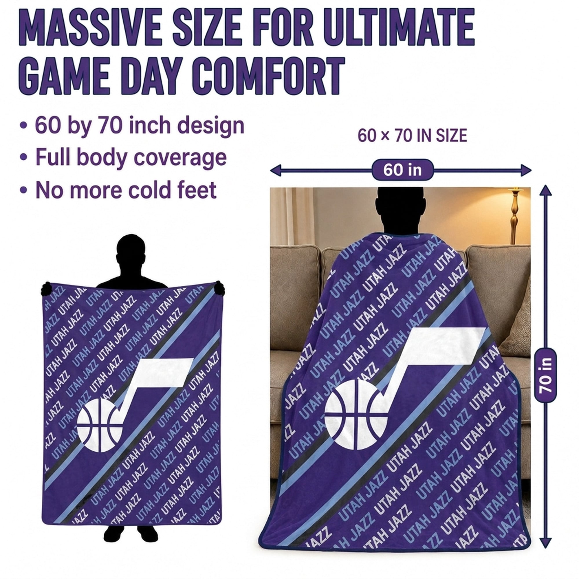 Couverture ultra douce Pegasus Utah Jazz 60" x 70" en diagonale avec logo et doublure