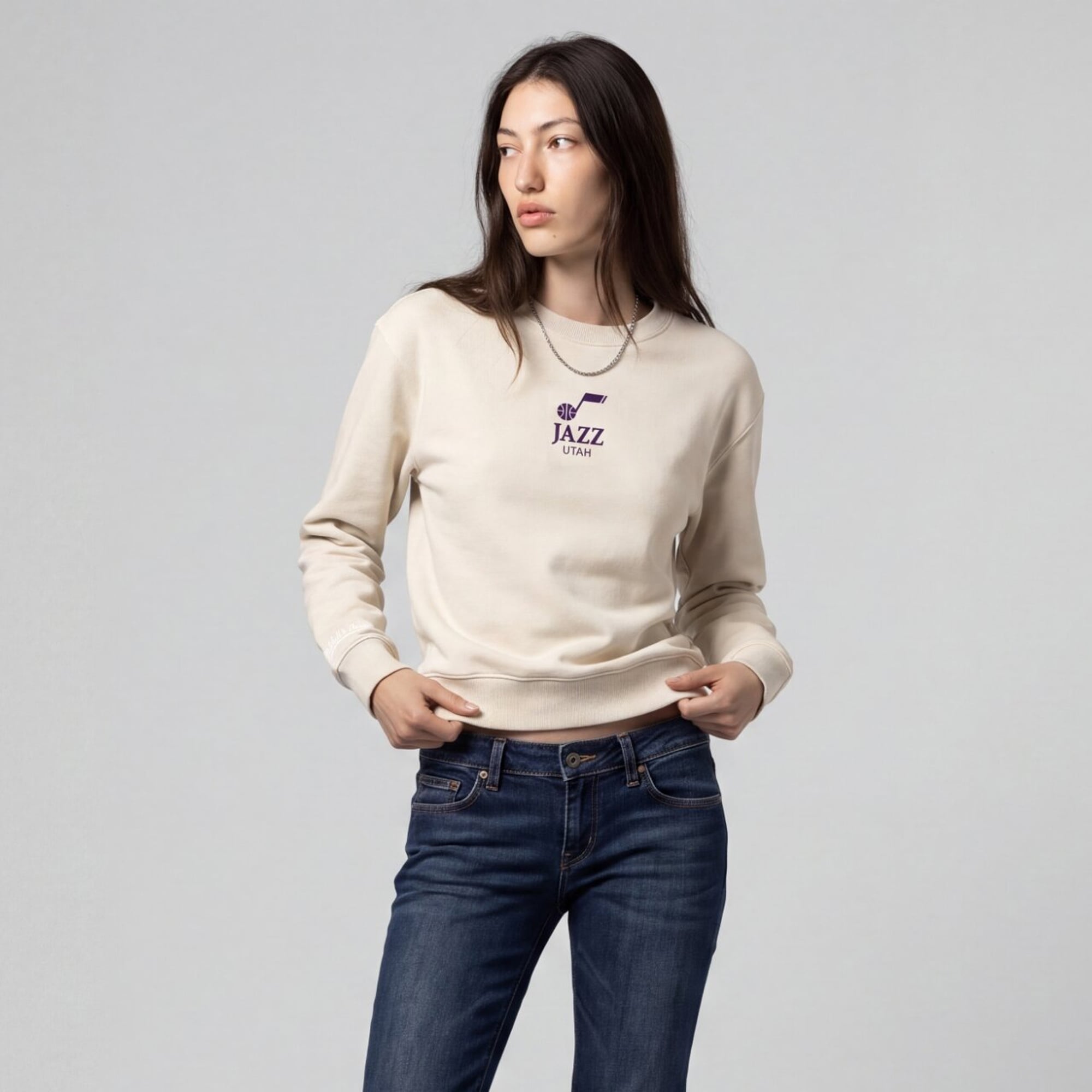 Women's Mitchell & Ness Cream Utah Jazz Core Essentials Micro Logo Fleece Sweatshirt