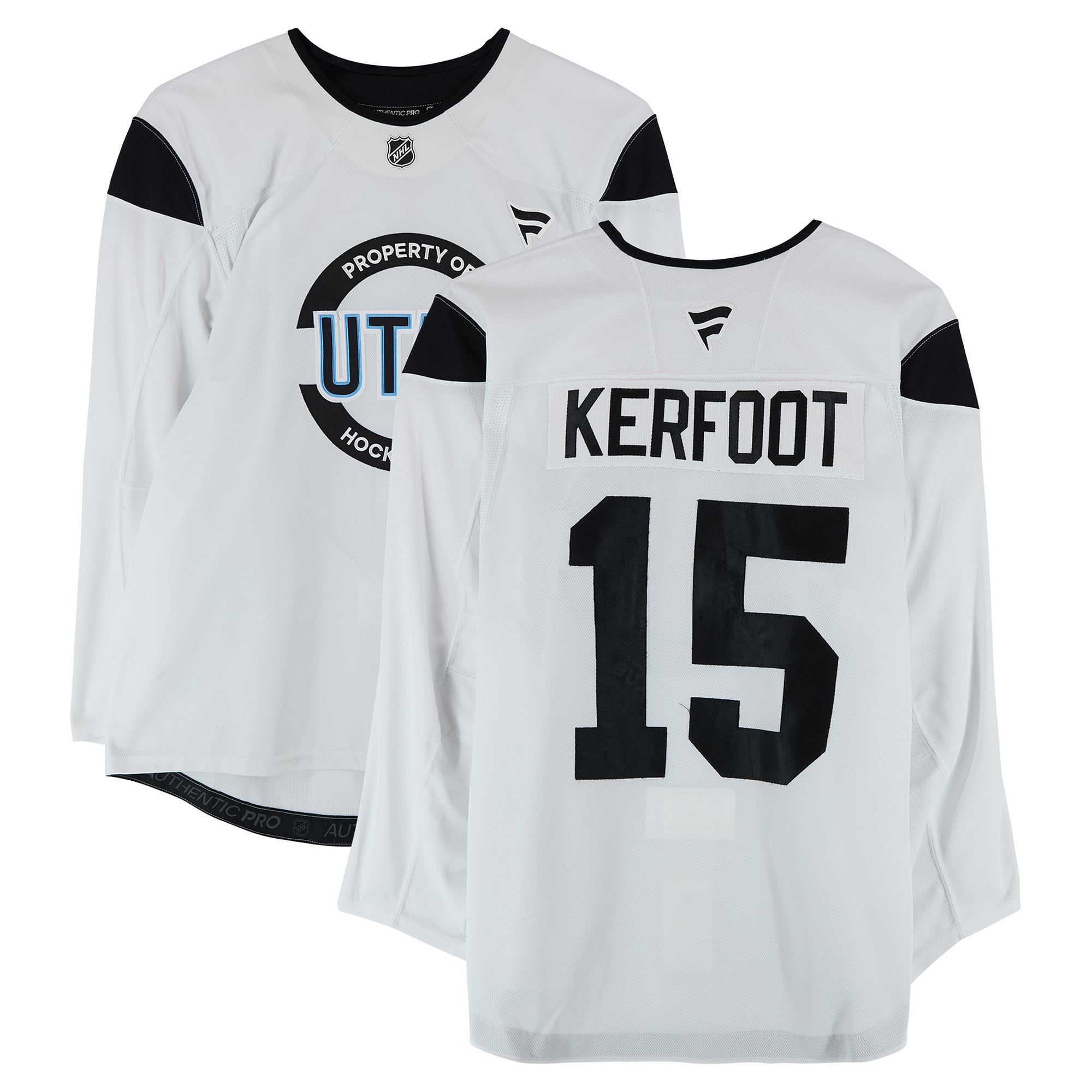 Maillot authentique blanc porté à l'entraînement par Alexander Kerfoot, numéro 15, du Utah Hockey Club, saison 2024-2025 de la LNH.