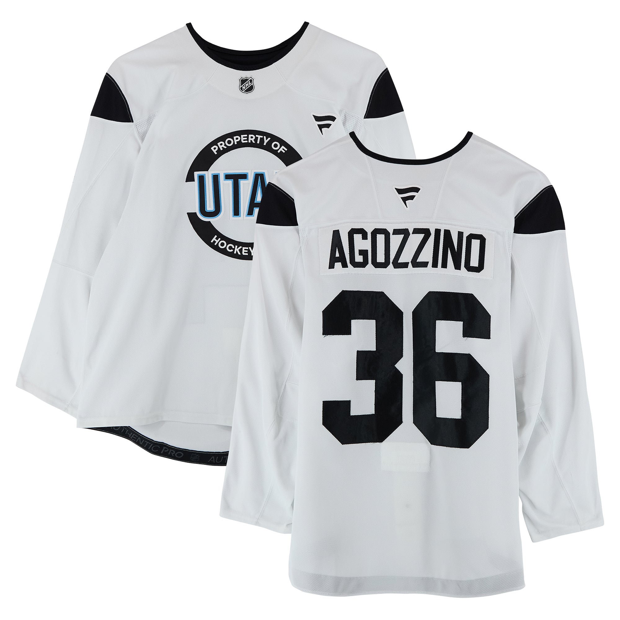 Maillot authentique blanc porté à l'entraînement par Andrew Agozzino, numéro 36, du Utah Hockey Club, saison 2024-2025 de la LNH