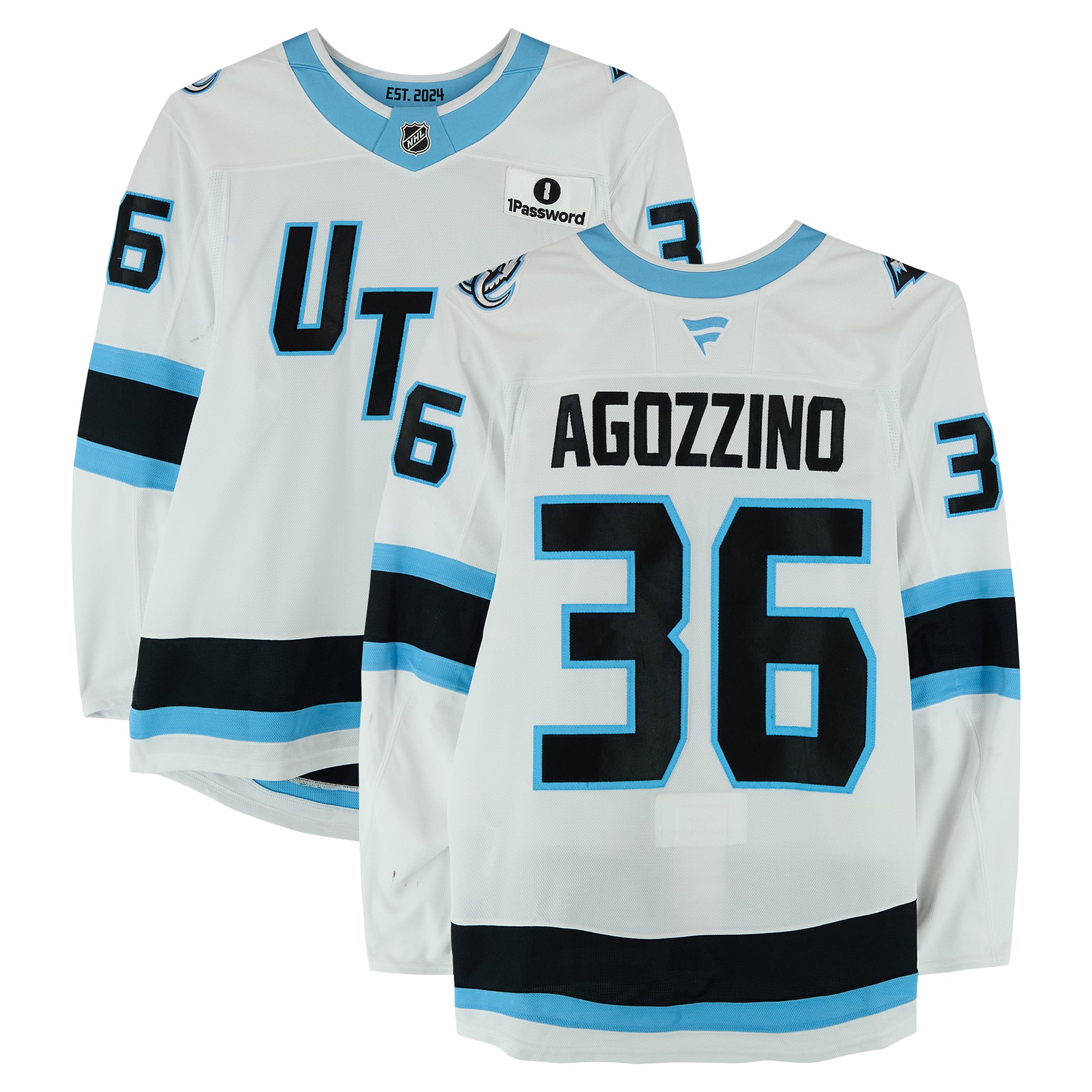 Andrew Agozzino Utah Mammoth Game-Used #36 White Set 1 Jersey from the 2025-26 NHL Season