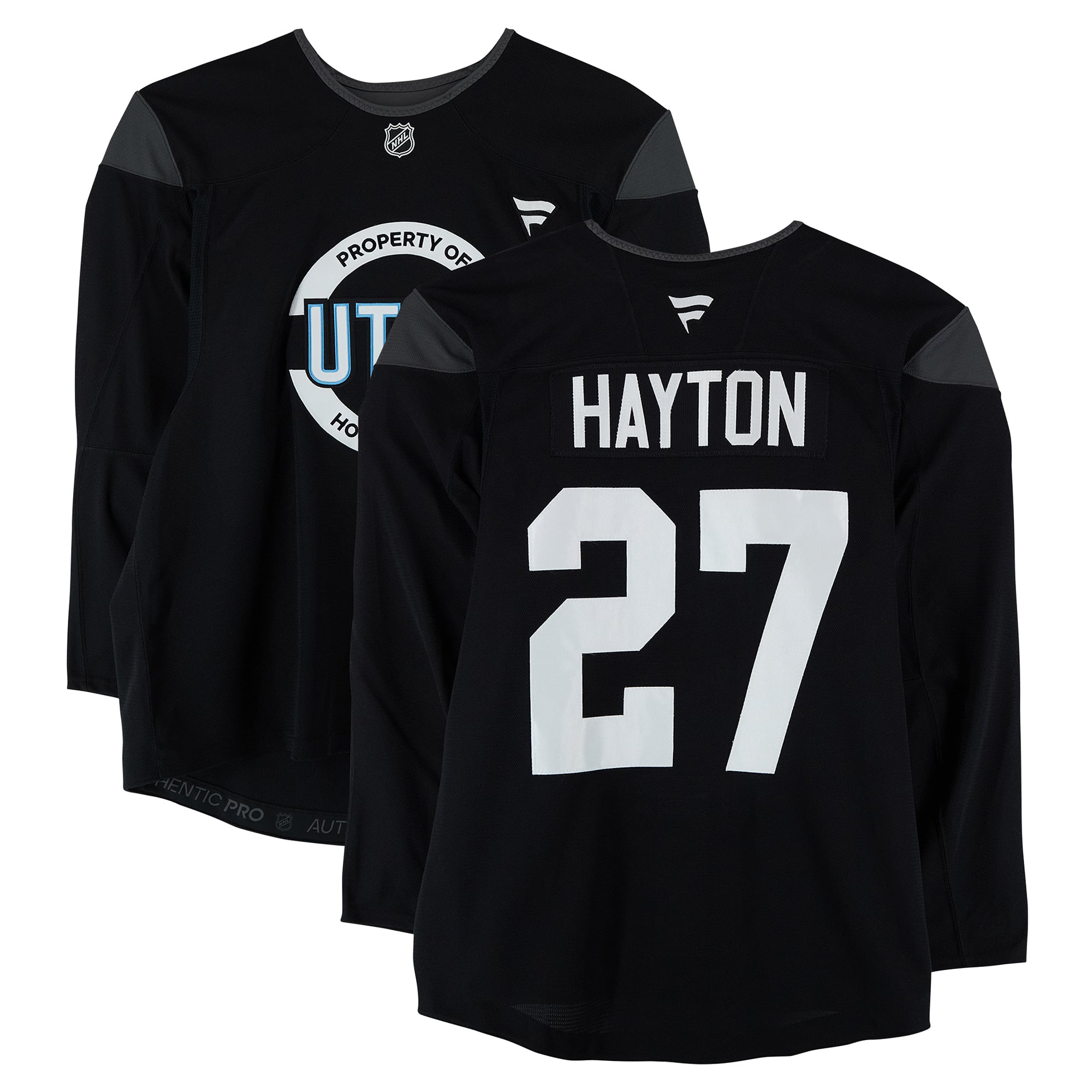 Maillot noir n° 27 de Barrett Hayton, porté à l'entraînement par les Mammoths de l'Utah lors de la saison 2024-2025 de la LNH.