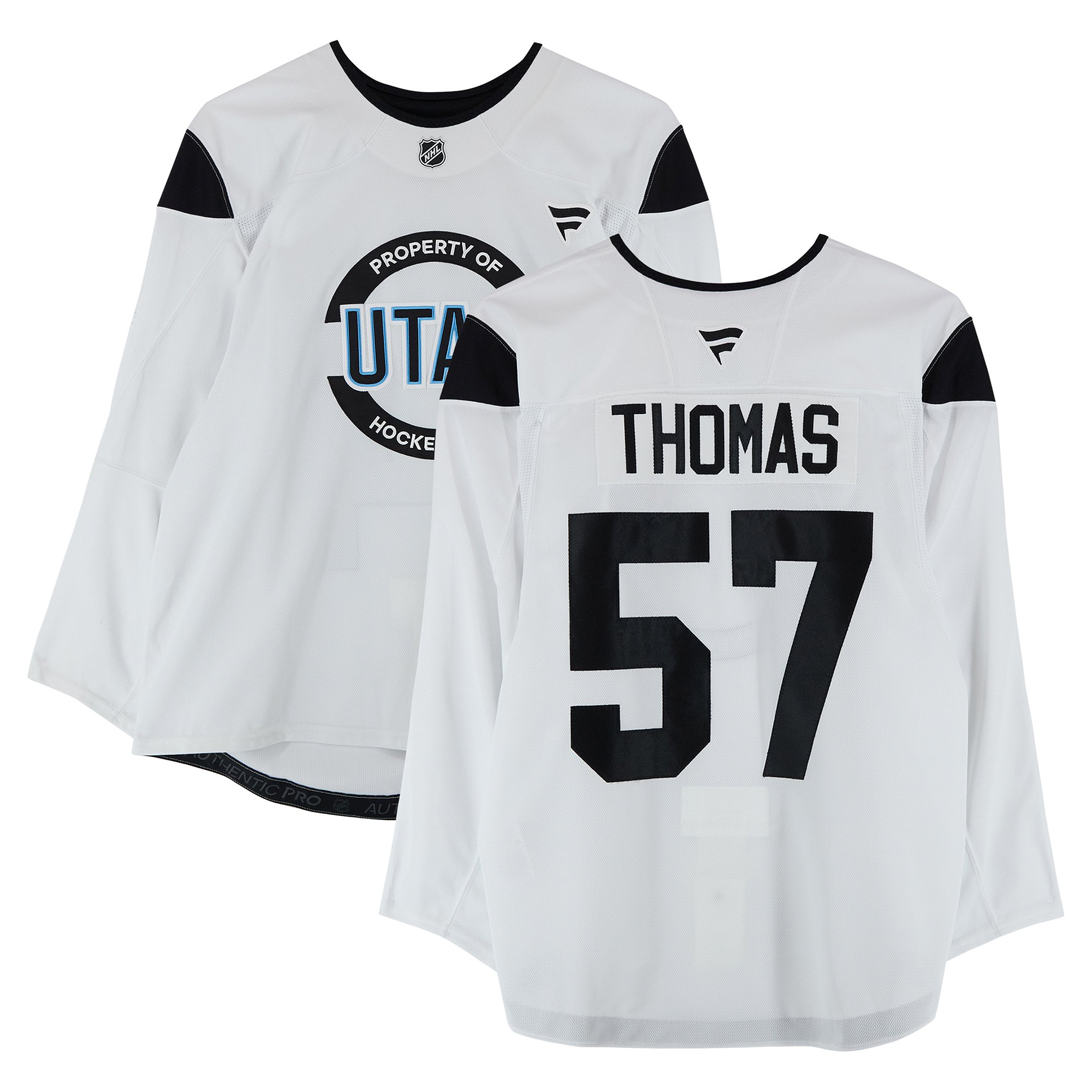 Maillot blanc n° 57 porté à l'entraînement par Cal Thomas, du Utah Hockey Club, lors de la saison 2024-2025 de la LNH.