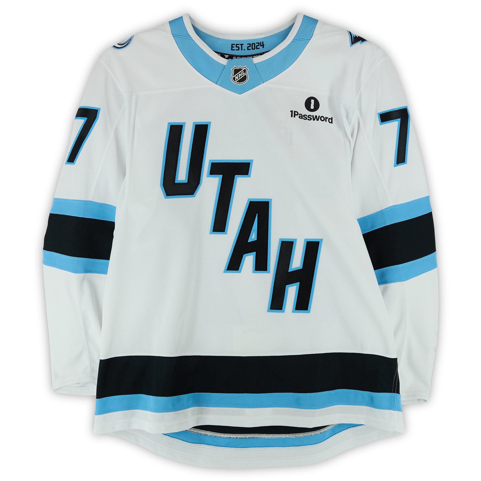 Maillot blanc n° 77 porté par JJ Peterka (Utah Mammoth) lors du premier tour des séries éliminatoires de la Coupe Stanley 2026 contre les Golden Knights de Vegas.