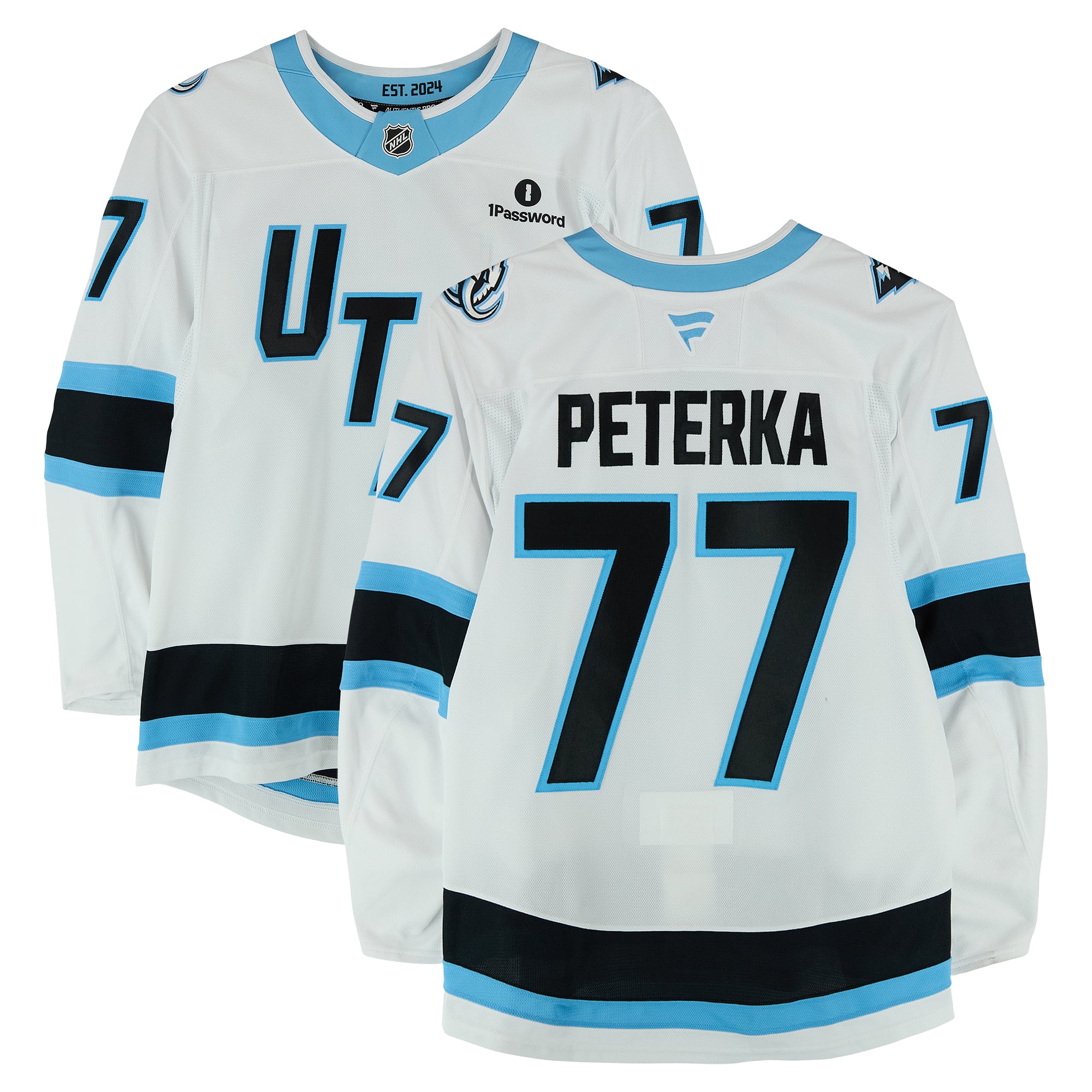 Maillot blanc n° 77 porté par JJ Peterka (Utah Mammoth) lors du premier tour des séries éliminatoires de la Coupe Stanley 2026 contre les Golden Knights de Vegas.