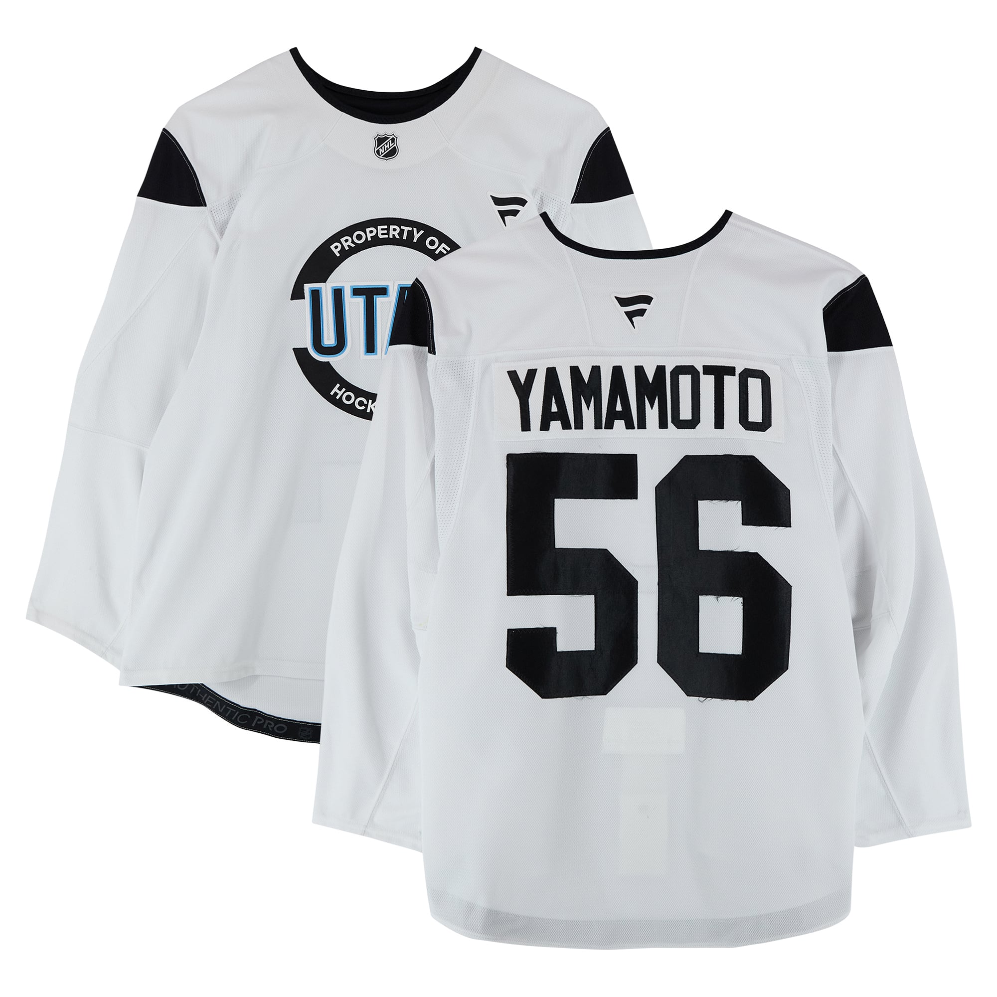 Maillot authentique blanc professionnel porté à l'entraînement par Kailer Yamamoto, numéro 56, du Utah Hockey Club, saison 2024-2025 de la LNH.
