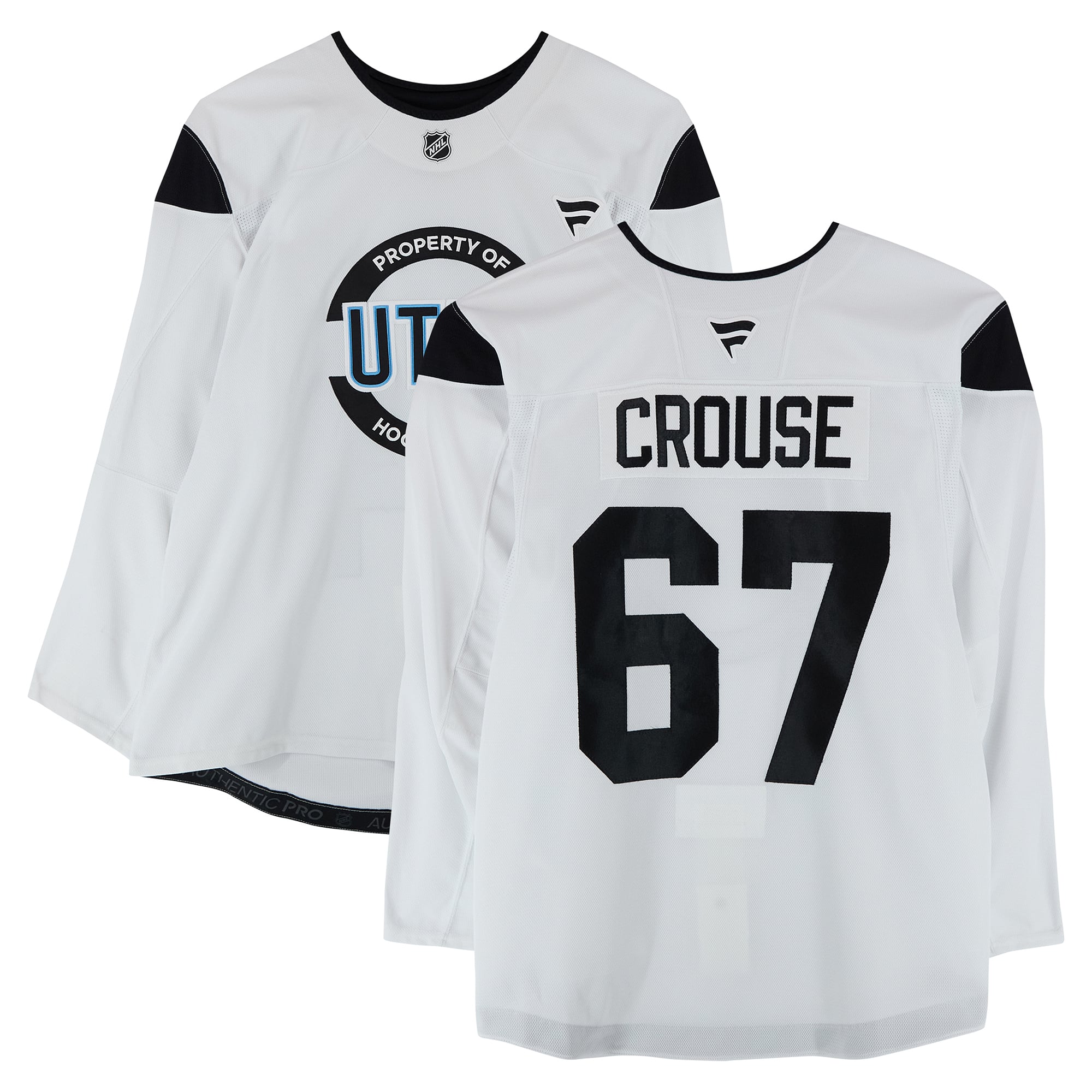 Maillot authentique blanc porté à l'entraînement par Lawson Crouse, numéro 67, du Utah Hockey Club, saison 2024-2025 de la LNH
