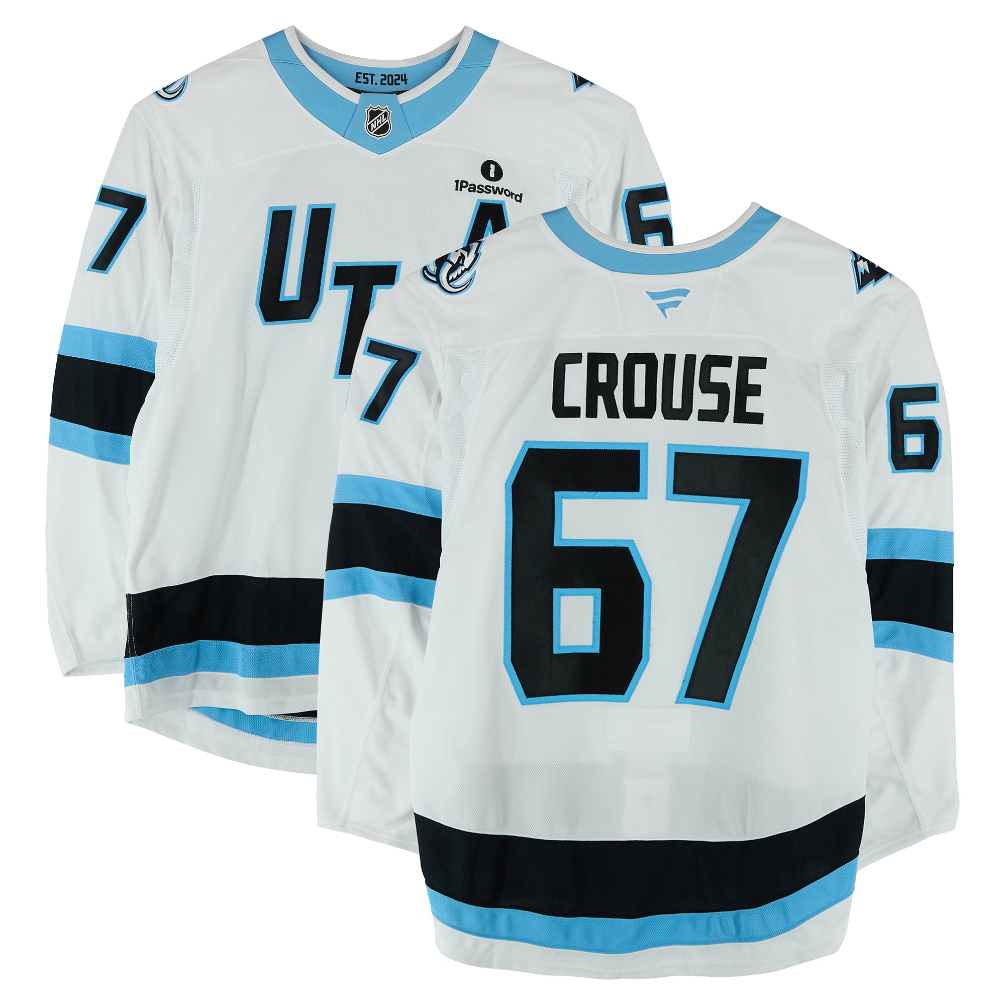 Maillot blanc n° 67 porté par Lawson Crouse (Utah Mammoth) lors du premier tour des séries éliminatoires de la Coupe Stanley 2026 contre les Golden Knights de Vegas.