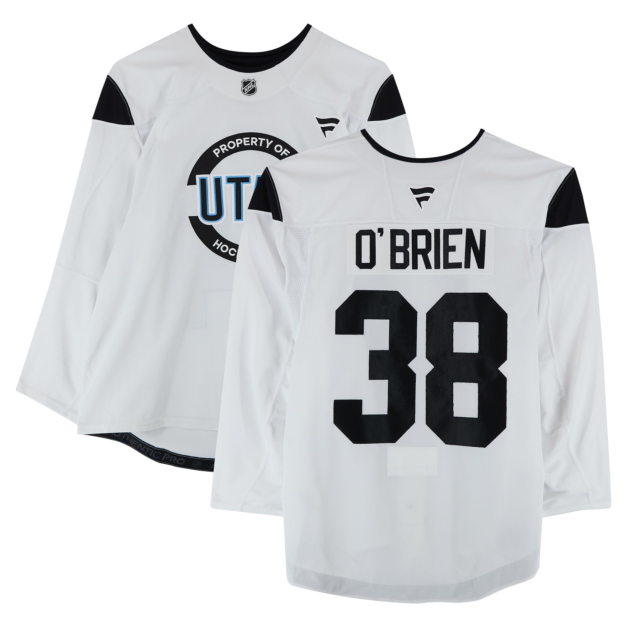 Maillot authentique blanc professionnel porté à l'entraînement par Liam O'Brien, numéro 38, du Utah Hockey Club, saison 2024-2025 de la LNH