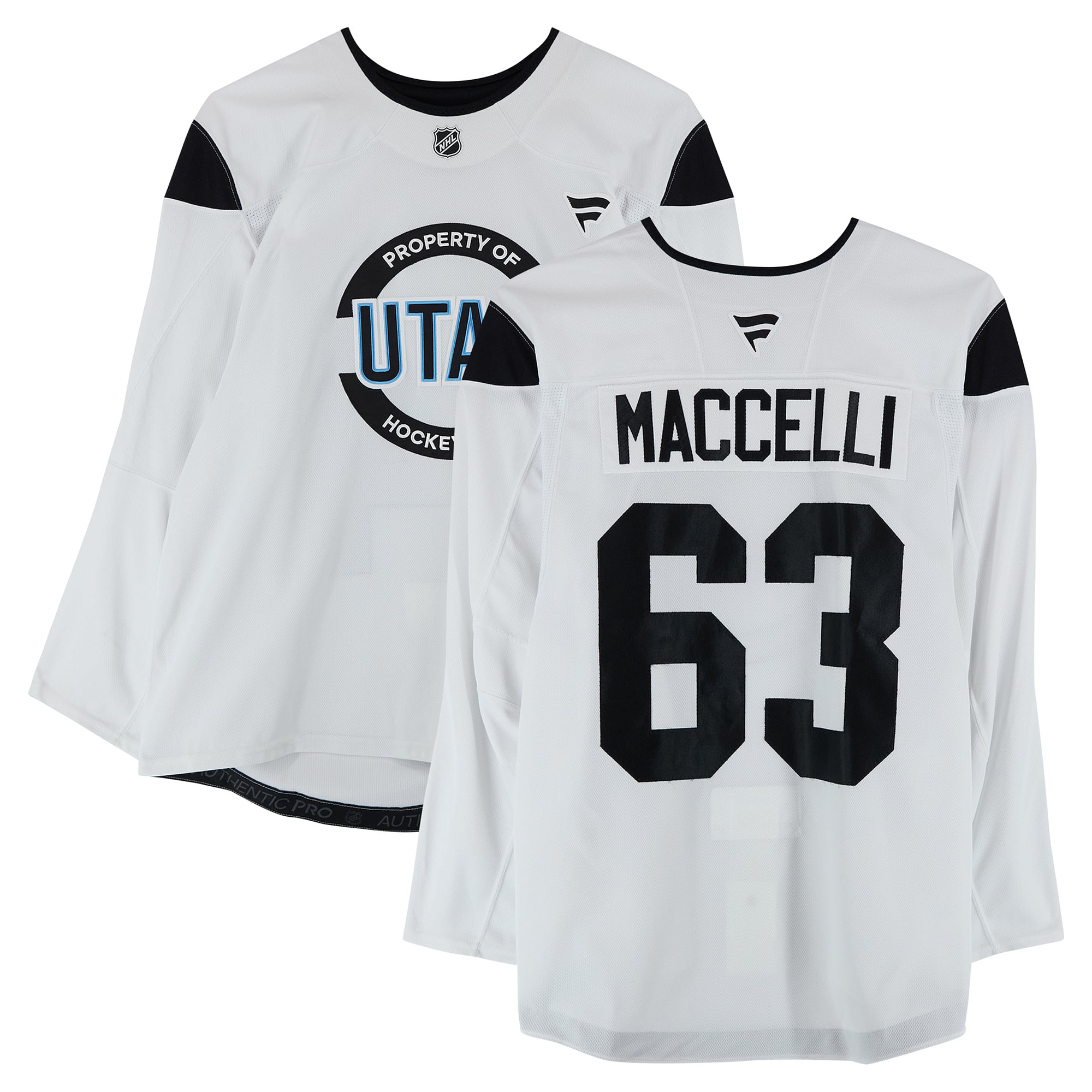 Maillot authentique blanc professionnel porté à l'entraînement par Matias Maccelli, numéro 63, du Utah Hockey Club, saison 2024-2025 de la LNH