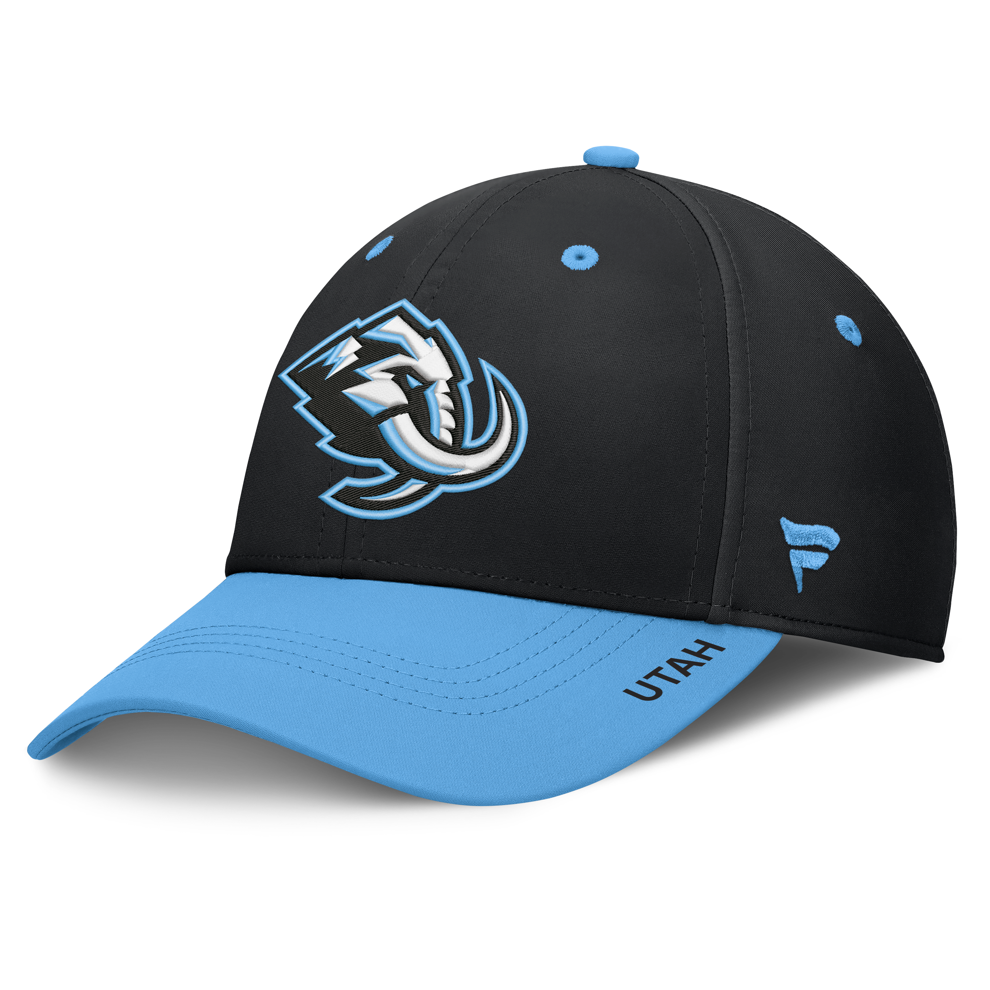 Casquette extensible authentique Utah Mammoth Pro Rink pour homme, noire et bleu clair (Fanatics)