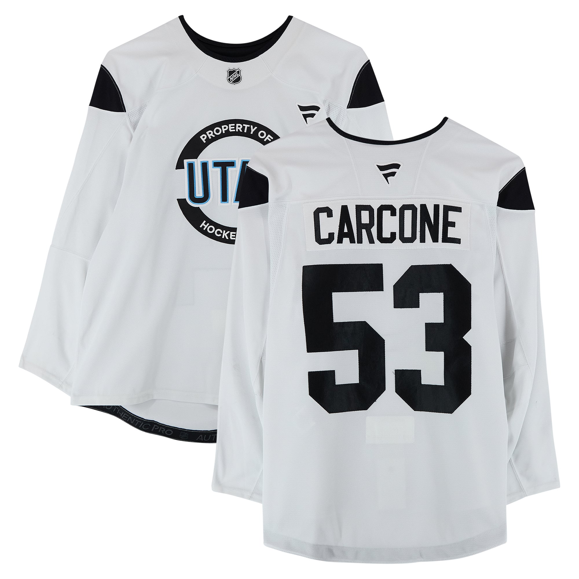 Maillot authentique blanc professionnel porté à l'entraînement par Michael Carcone, numéro 53, du Utah Hockey Club, saison 2024-2025 de la LNH