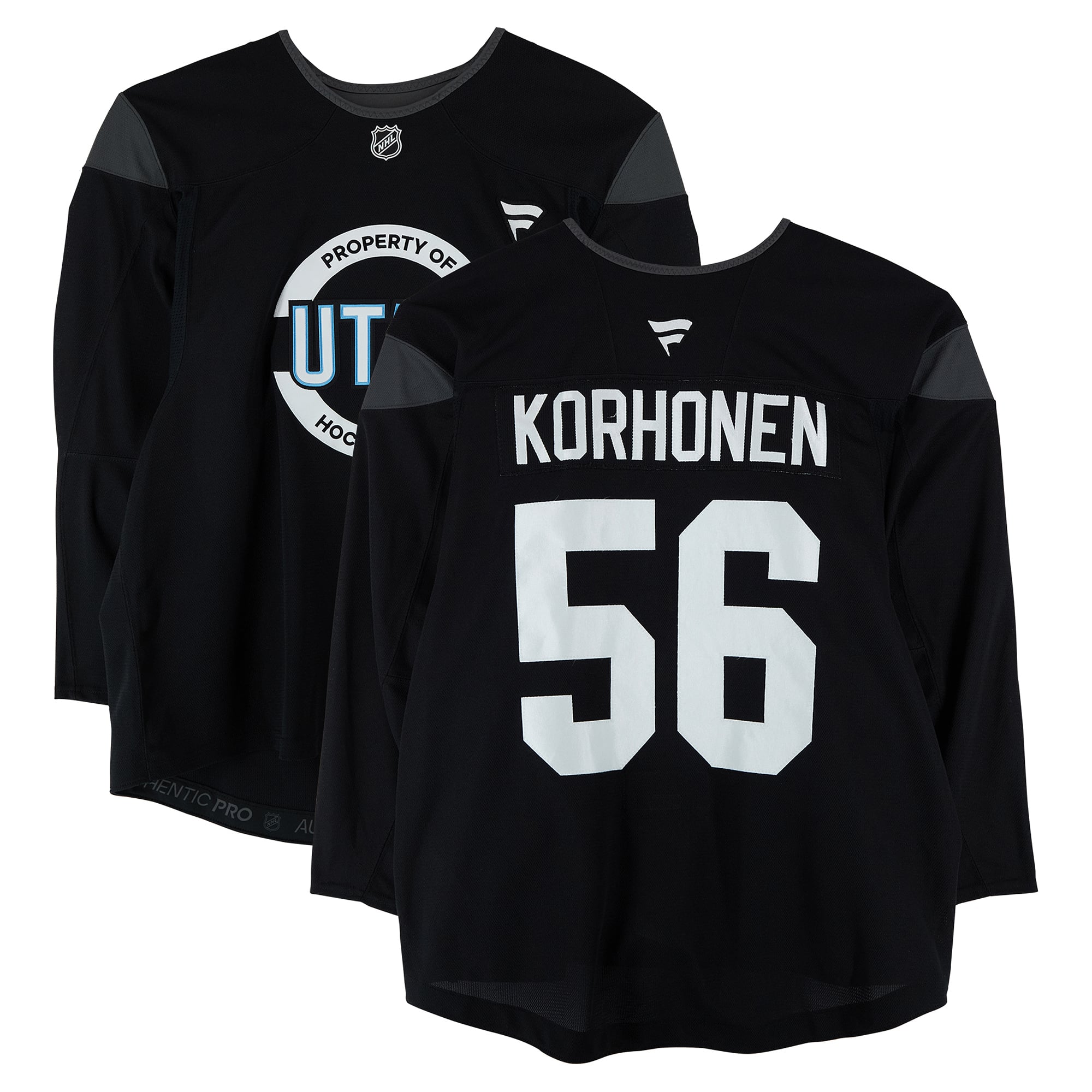 Maillot noir n° 56 porté par Rasmus Korhonen, des Utah Mammoths, lors de l'entraînement de la saison 2024-2025 de la LNH.