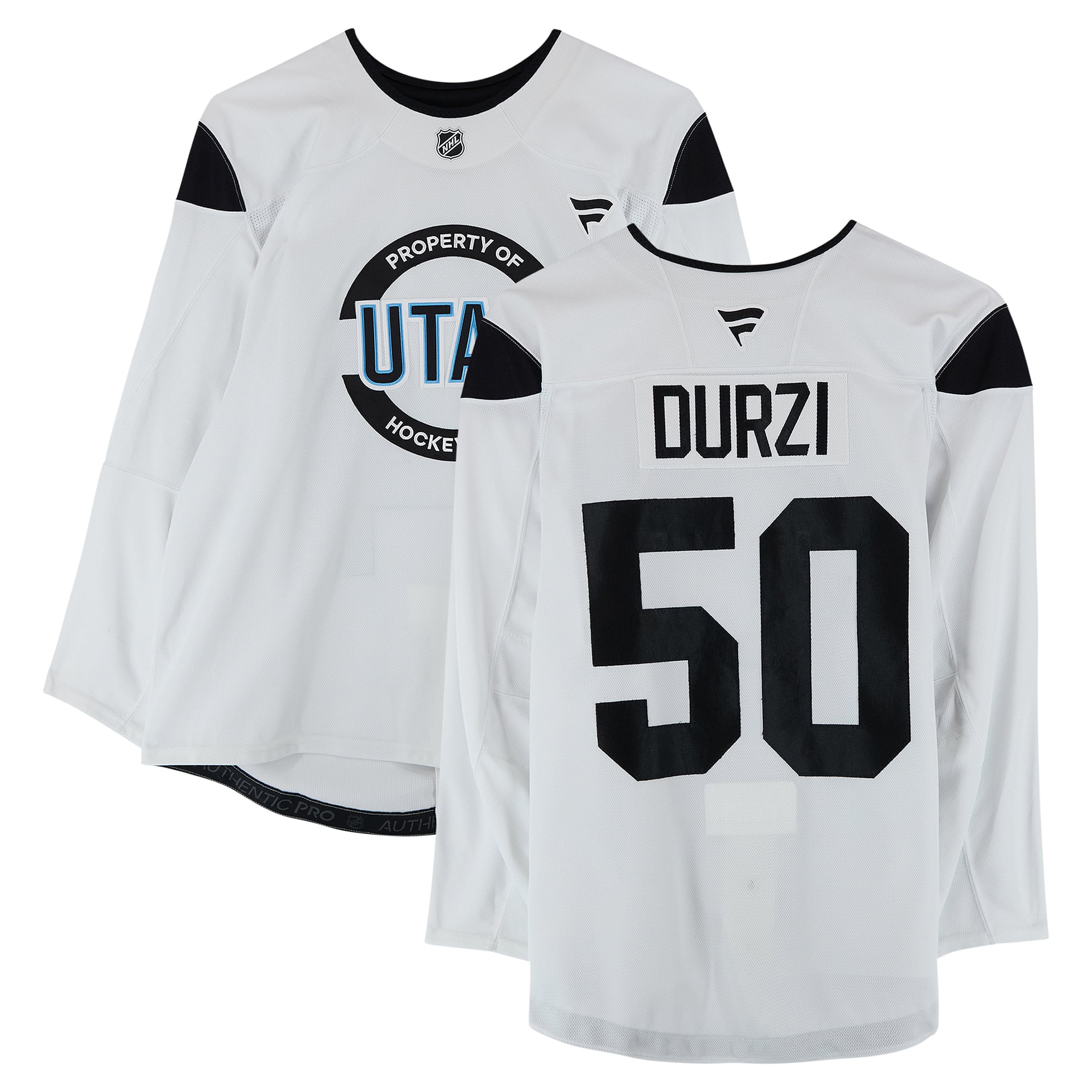 Maillot authentique blanc porté à l'entraînement par Sean Durzi, numéro 50, du Utah Hockey Club, saison 2024-2025 de la LNH