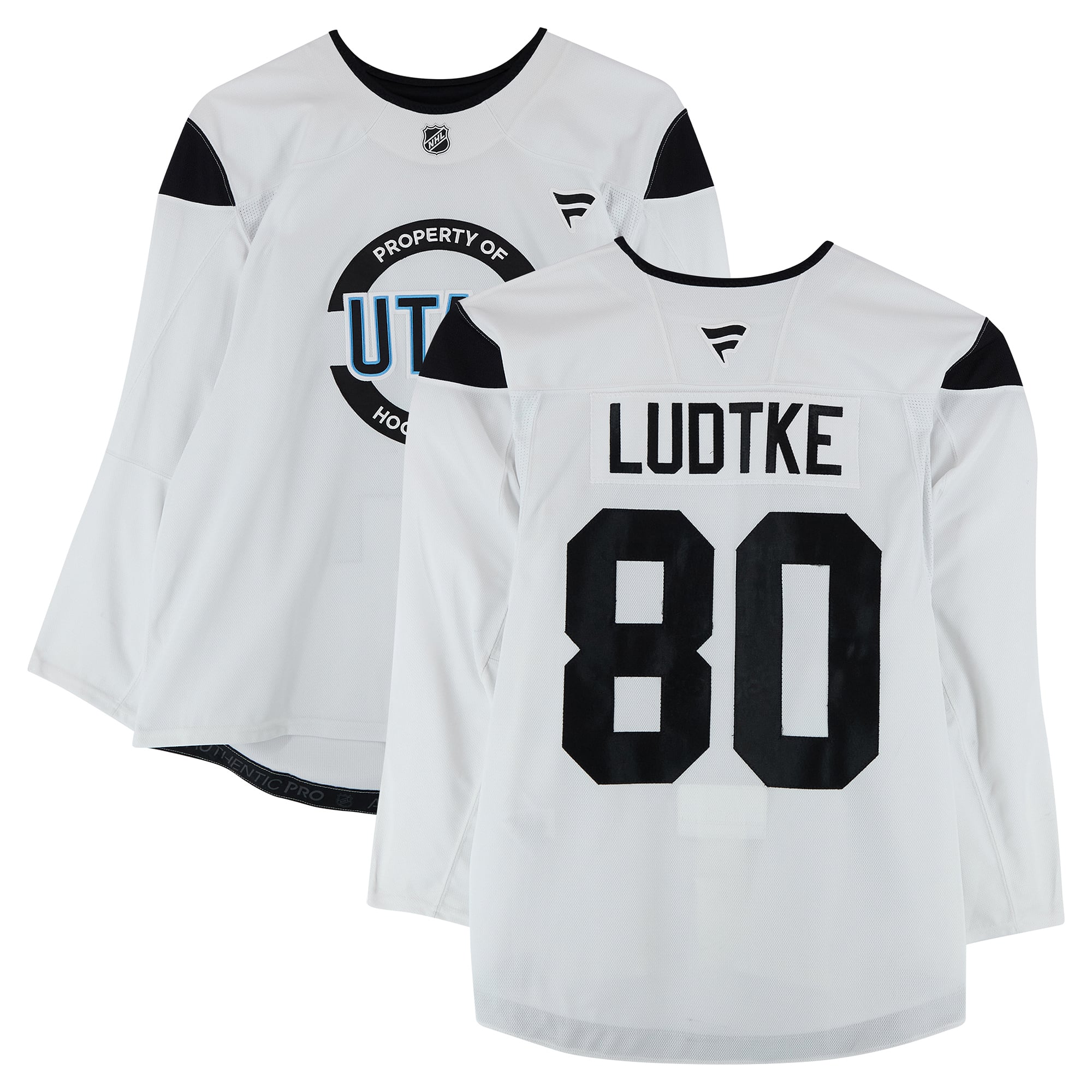 Maillot blanc n° 80 porté à l'entraînement par Tanner Ludtke, des Utah Mammoths, lors de la saison 2024-2025 de la LNH.