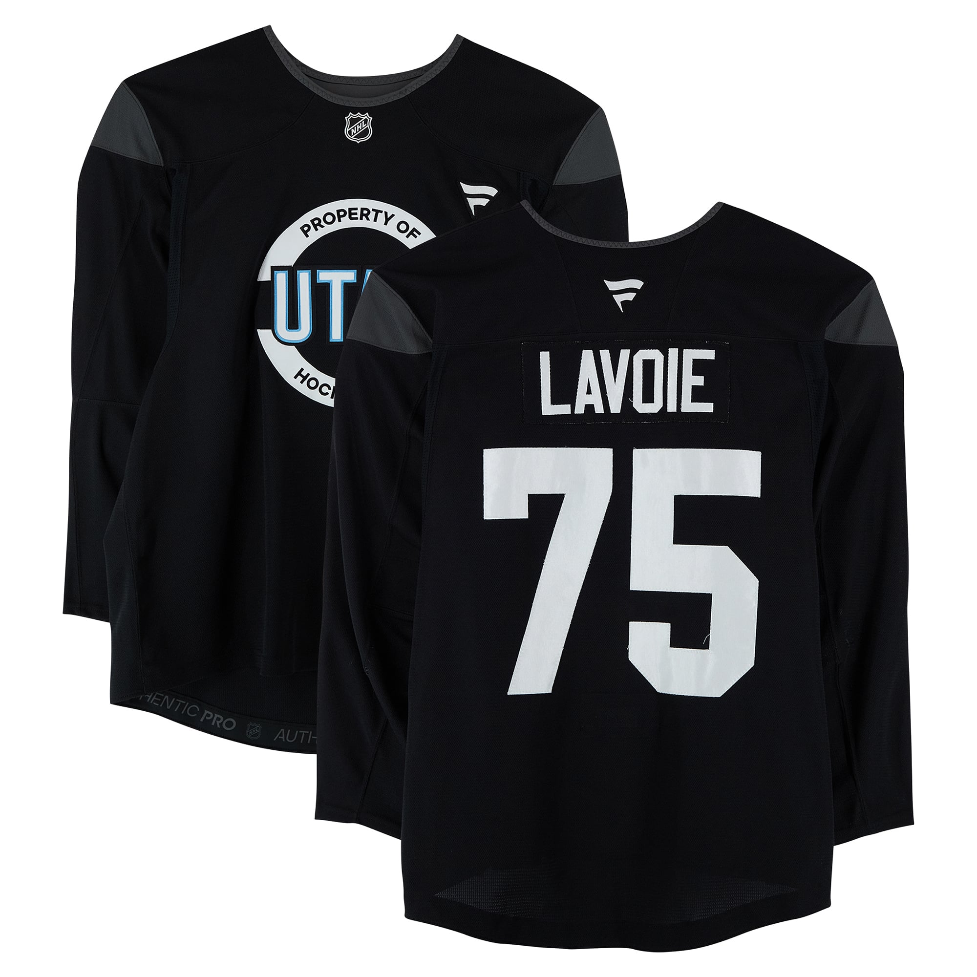 Maillot noir n° 75 porté par Tomas Lavoie à l'entraînement avec les Mammoths de l'Utah lors de la saison 2024-2025 de la LNH