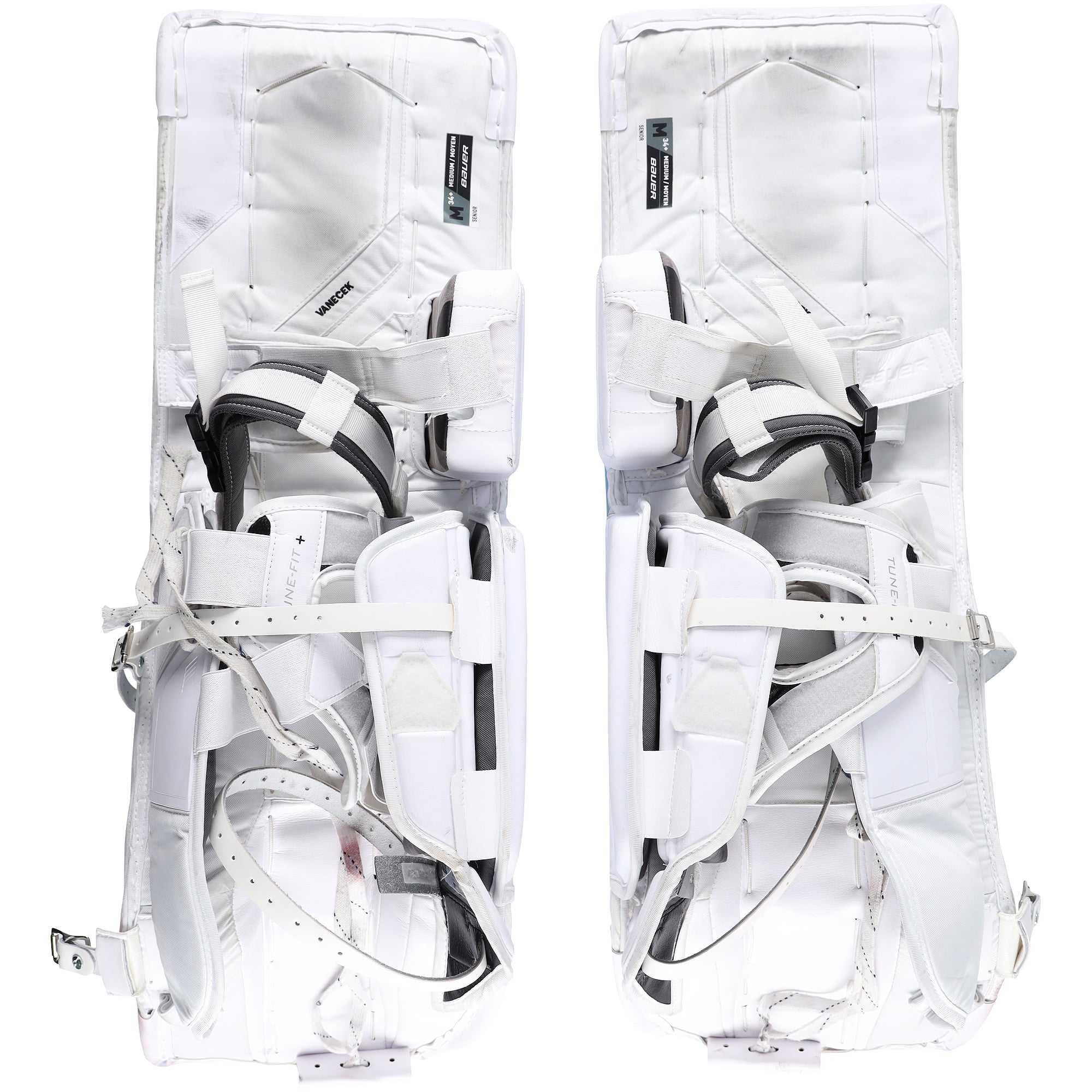 Jambières de gardien de but blanches Bauer utilisées par Vitek Vanecek (Utah Mammoth) lors de la saison 2025-2026 de la LNH - NF70454611-12