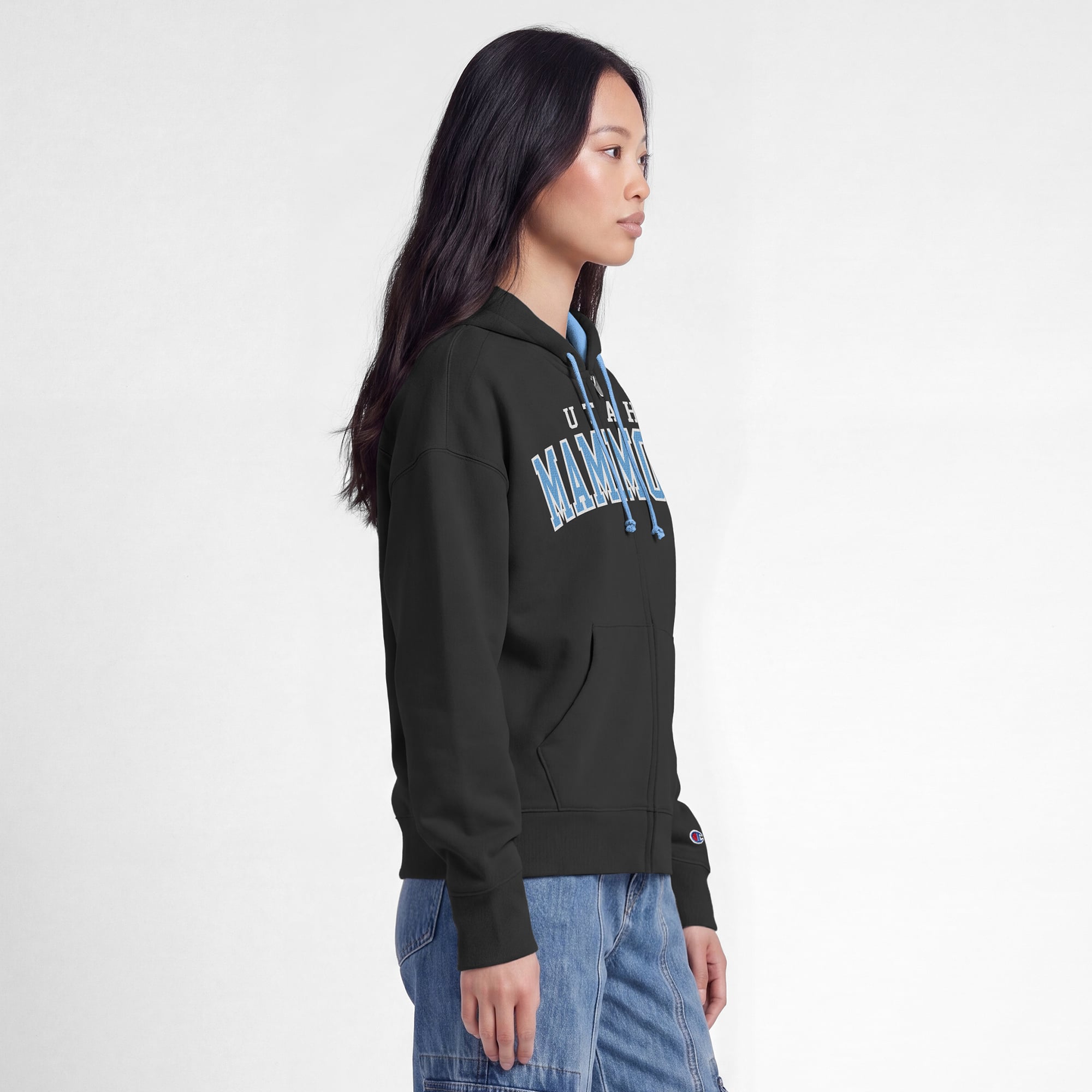 Sweat à capuche zippé en polaire Champion noir/bleu clair pour femme, orné d'un appliqué de mammouth l'Utah