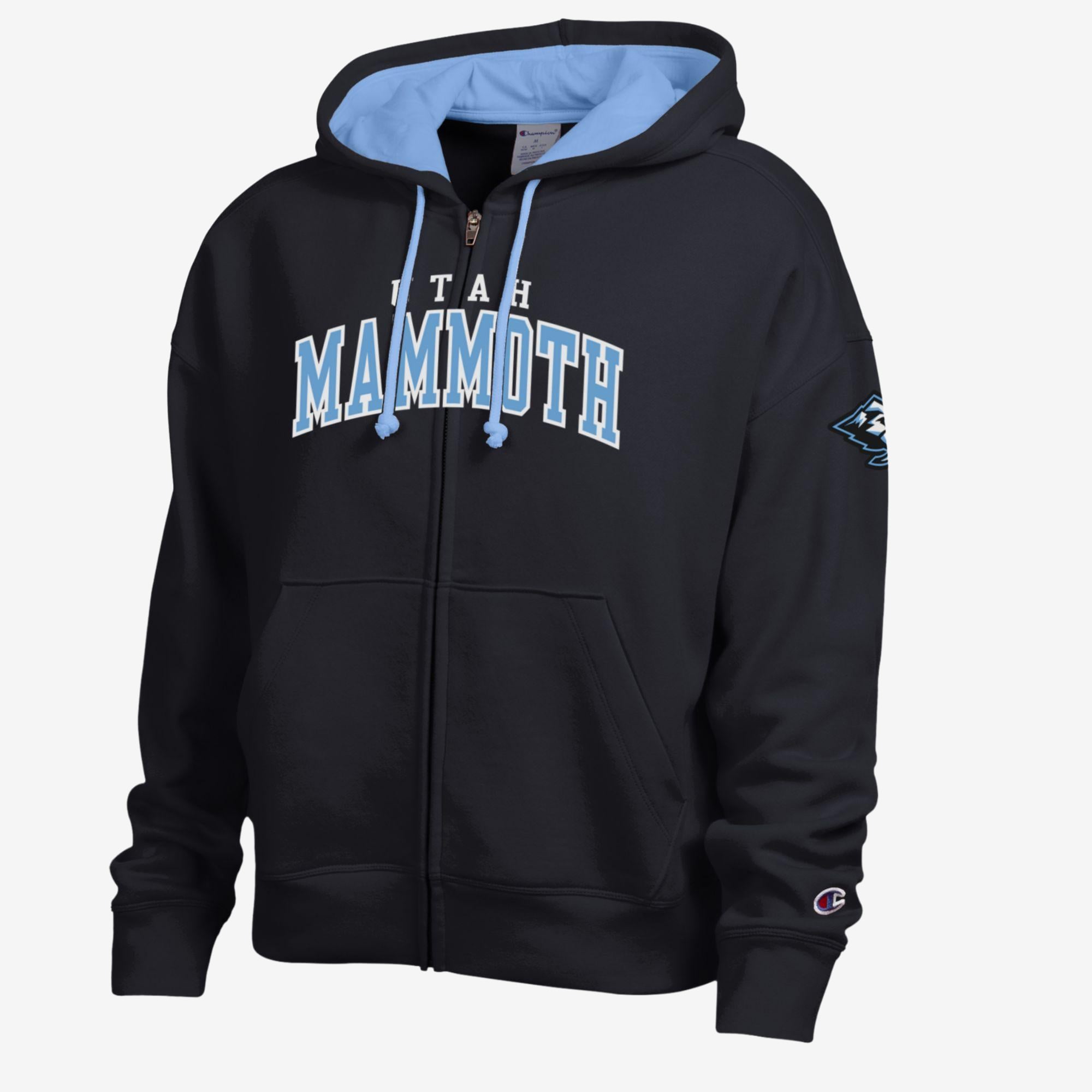 Sweat à capuche zippé en polaire Champion noir/bleu clair pour femme, orné d'un appliqué de mammouth l'Utah