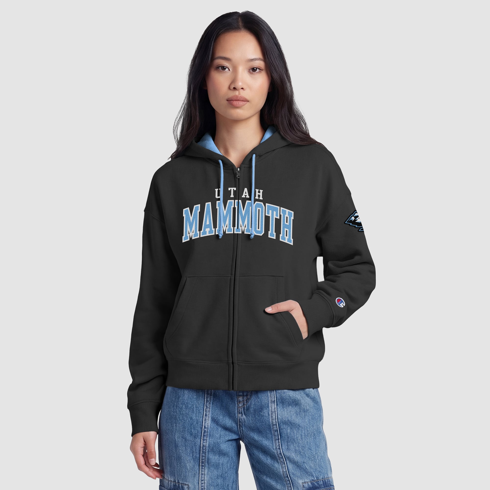 Sweat à capuche zippé en polaire Champion noir/bleu clair pour femme, orné d'un appliqué de mammouth l'Utah