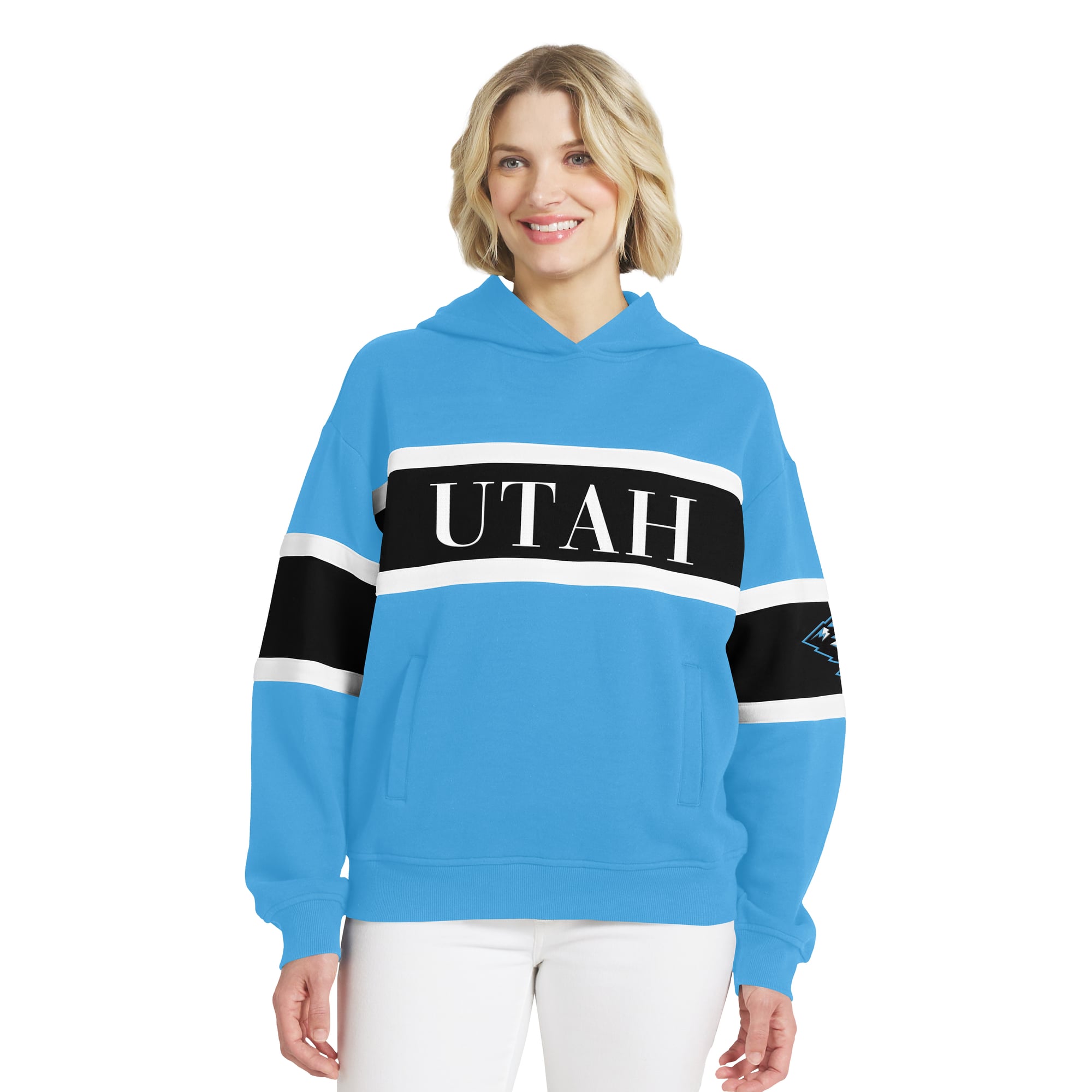 Women's WEAR by Erin Andrews  Light Blue Utah Mammoth Colorblock Stripe Hoodie