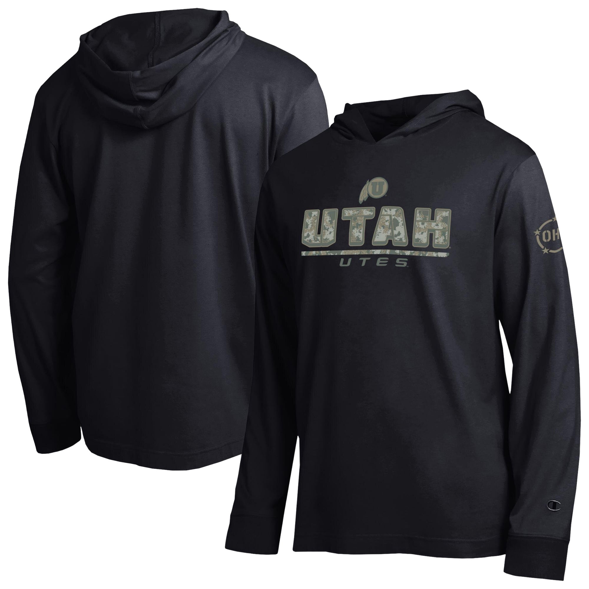 T-shirt à manches longues et capuche Champion Black Utah Utes Operation Hat Trick Camo Script pour homme