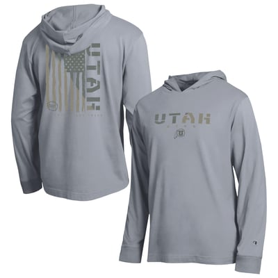  Utah Utes Champion Operation Hat Trick Flag Hooded Long Sleeve T-Shirt - Gray