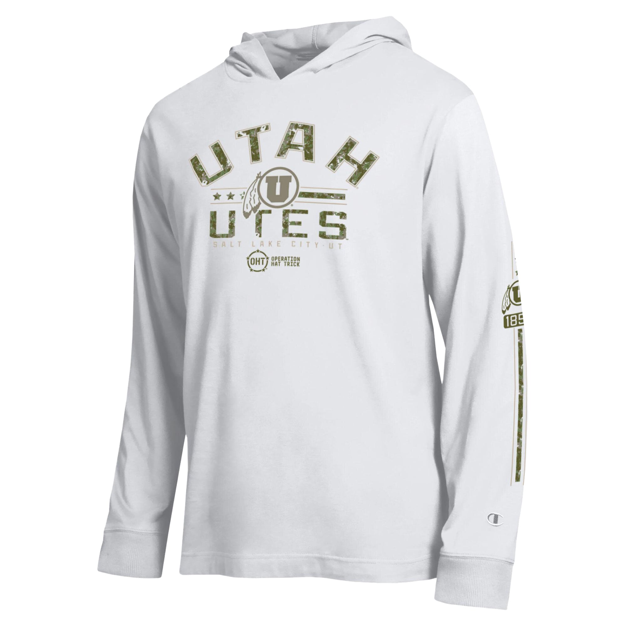 T-shirt à manches longues capuche Champion White Utah Utes Operation Hat Trick pour homme