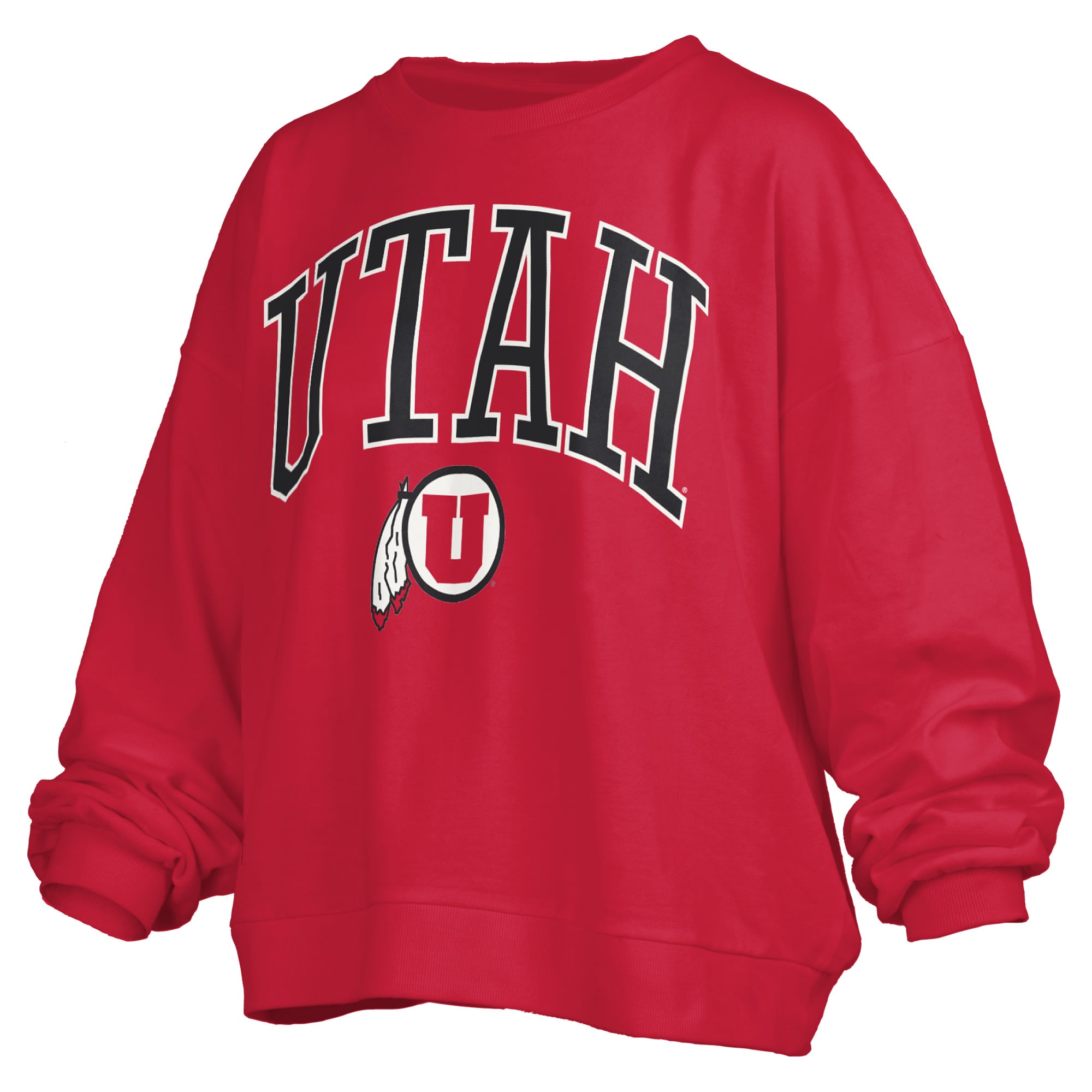 Women's Pressbox Red Utah Utes Oversized Janise Arch Over Logo Fleece Sweatshirt