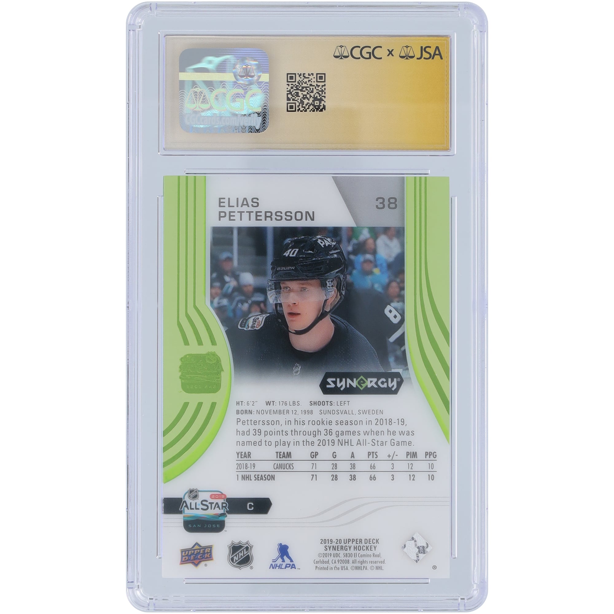 Carte autographiée 2019-20 Upper Deck Synergy #38 des Canucks de Vancouver par Elias Pettersson