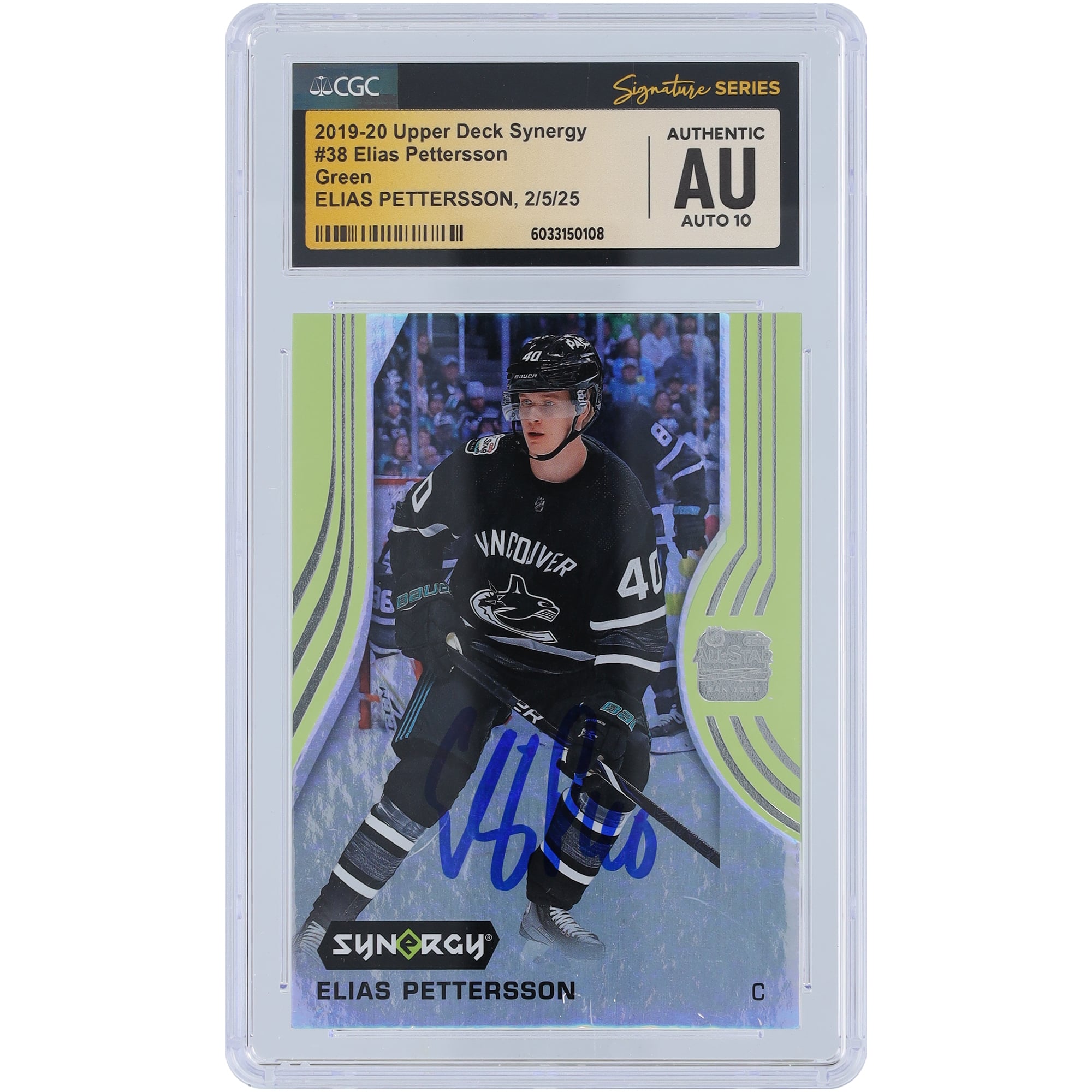 Carte autographiée 2019-20 Upper Deck Synergy #38 des Canucks de Vancouver par Elias Pettersson