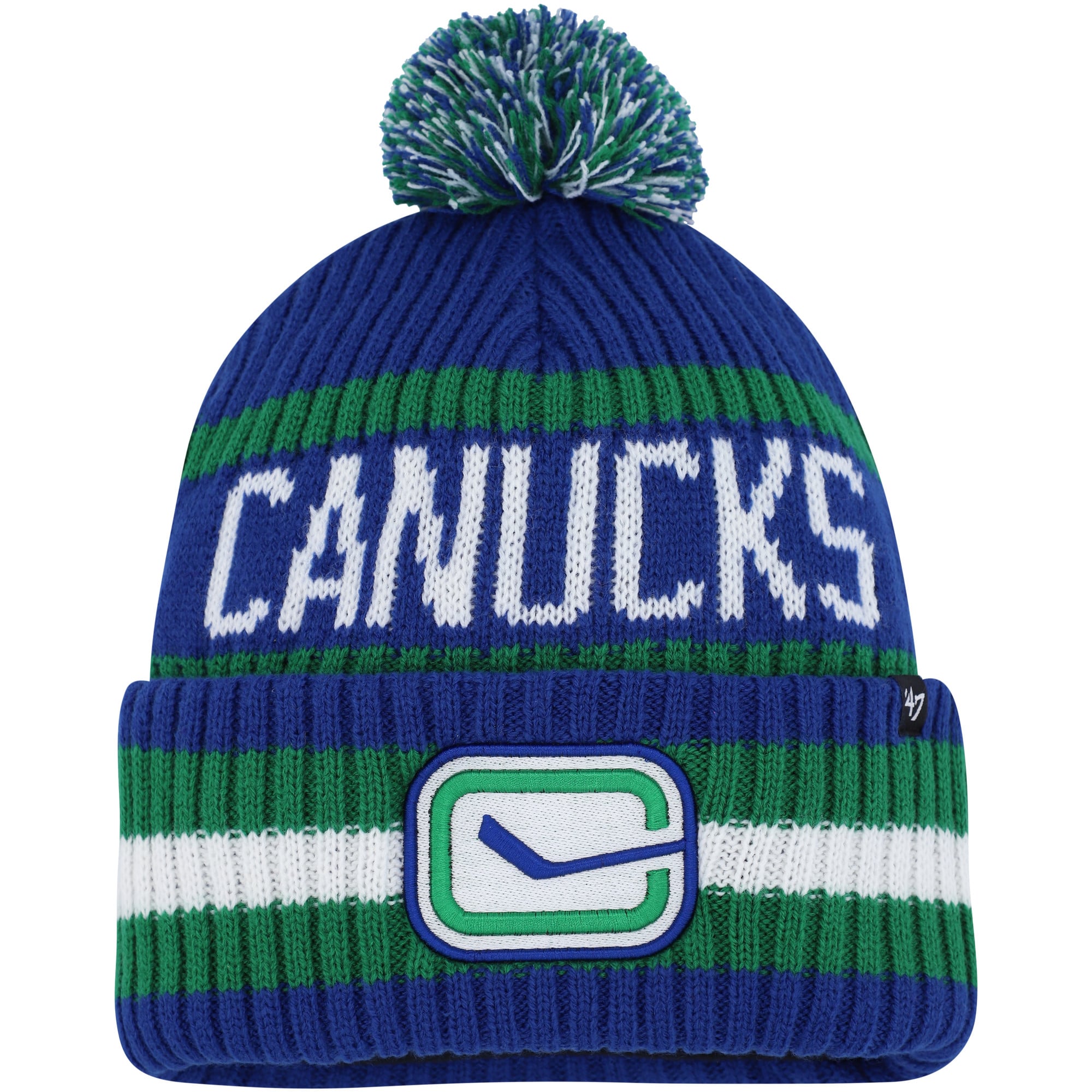Bonnet en tricot à revers Bering des Canucks de Vancouver '47 bleu pour homme avec pompon