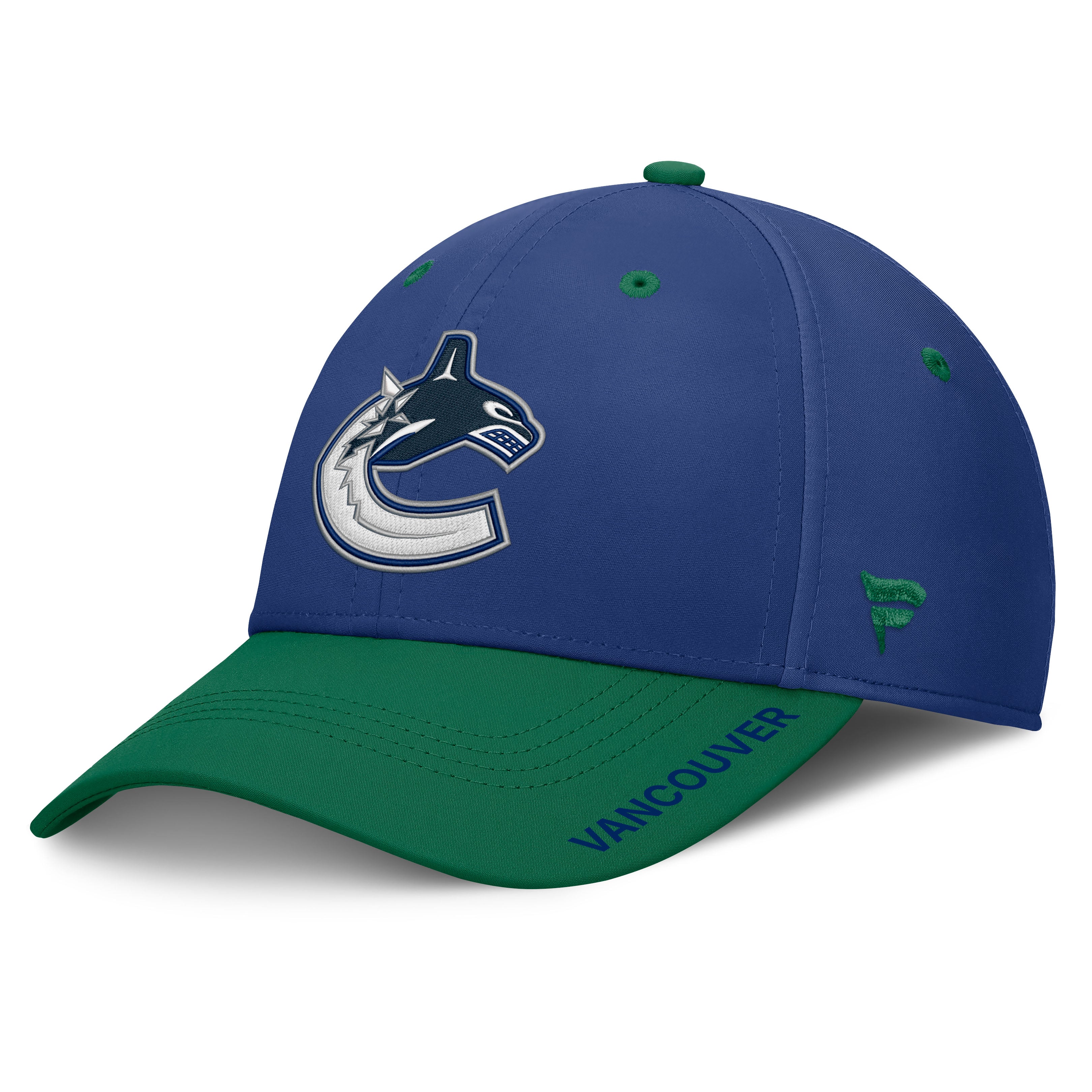 Casquette extensible authentique Pro Rink Fanatics bleue/verte pour homme des Canucks de Vancouver